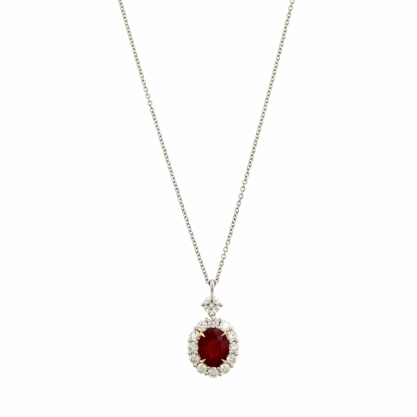 Platinum & 18K Yellow Gold Diamond Halo & Ruby Necklace - Image 5
