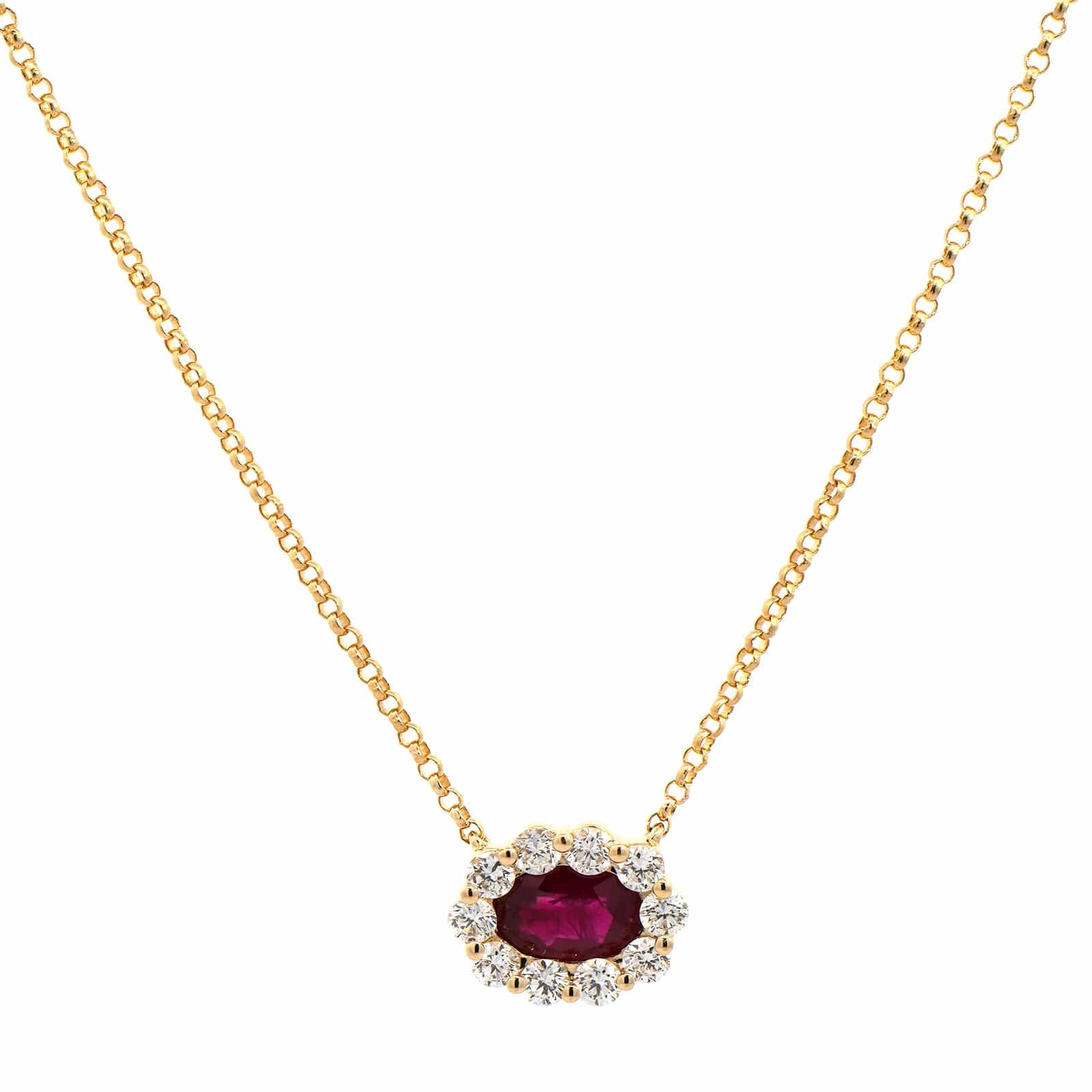 14K Yellow Gold Oval Ruby and Diamond Halo Necklace - Image 5