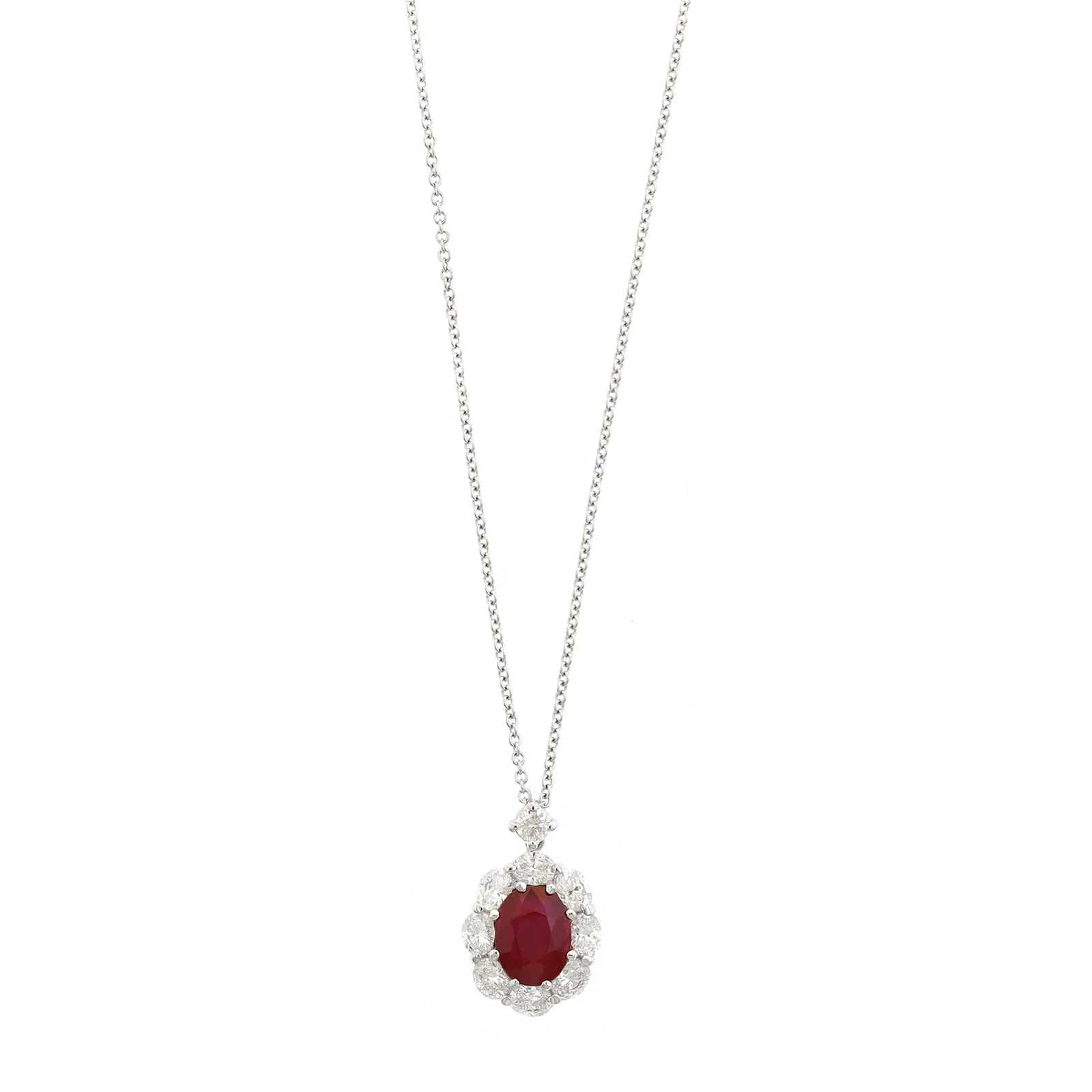 18K White Gold and Platinum Oval Ruby and Diamond Halo Necklace