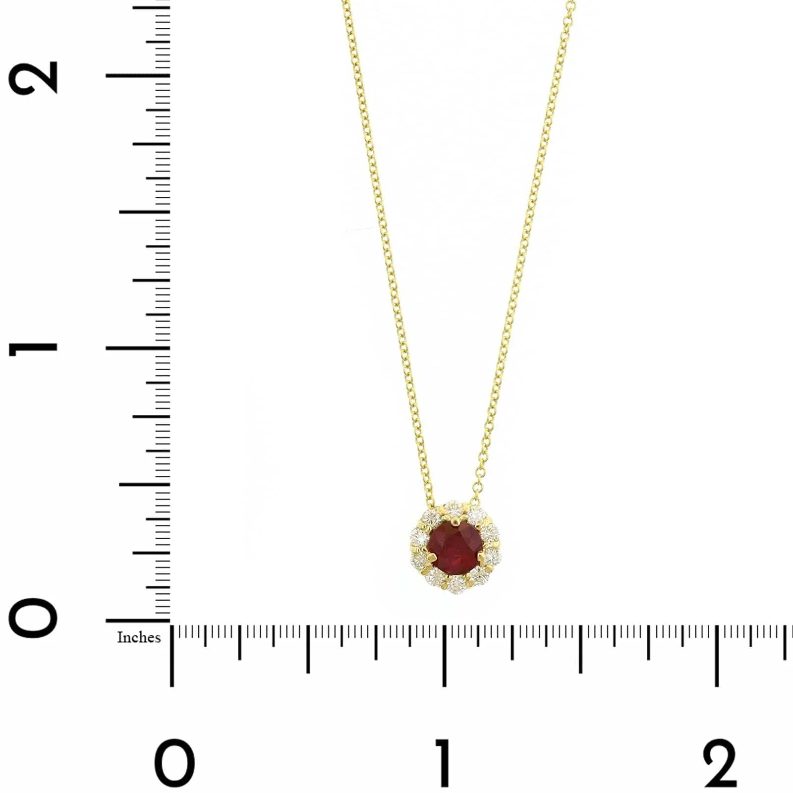 18K Yellow Gold Round Ruby and Diamond Halo Necklace - Image 4