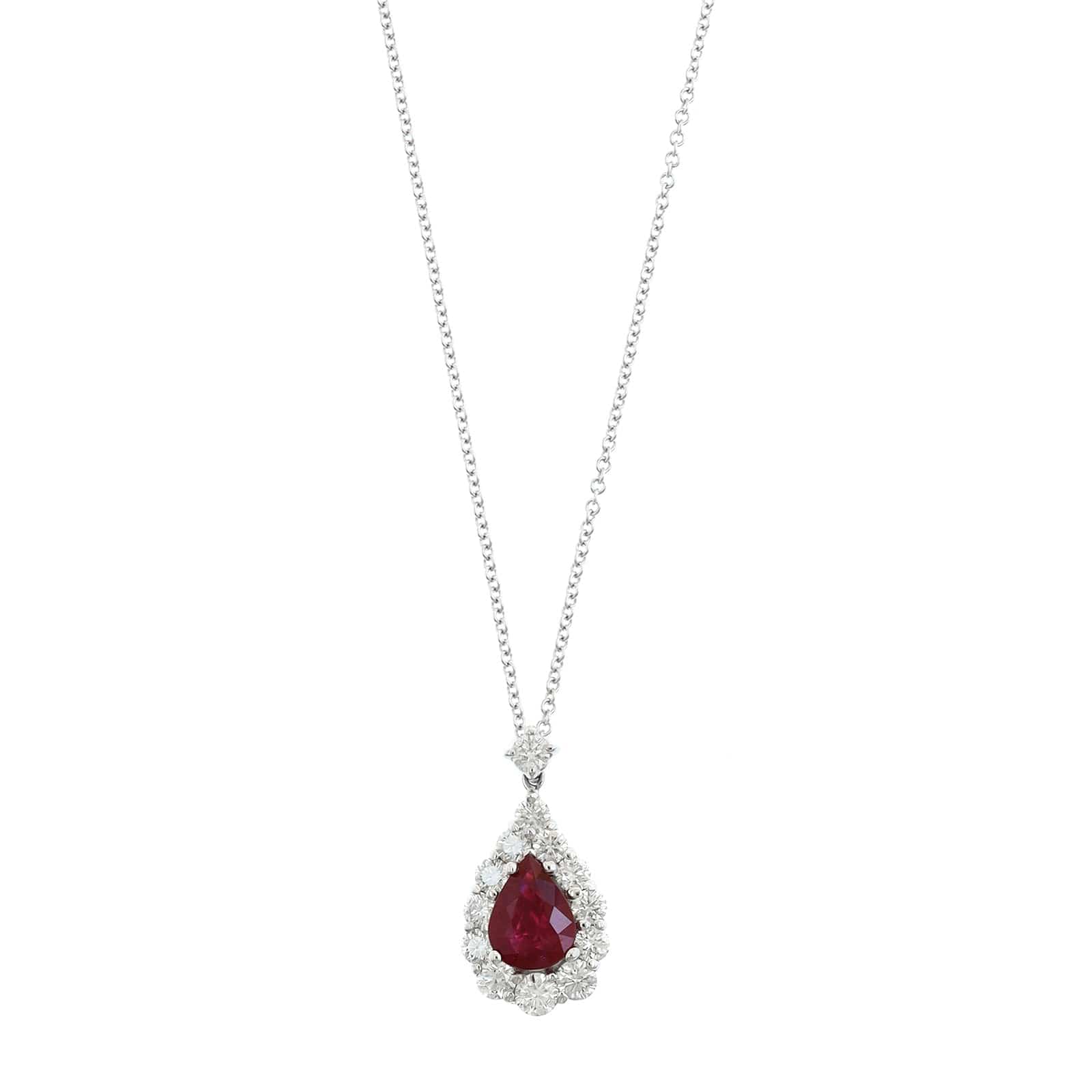 18K White Gold Pear Shaped Ruby and Diamond Halo Necklace