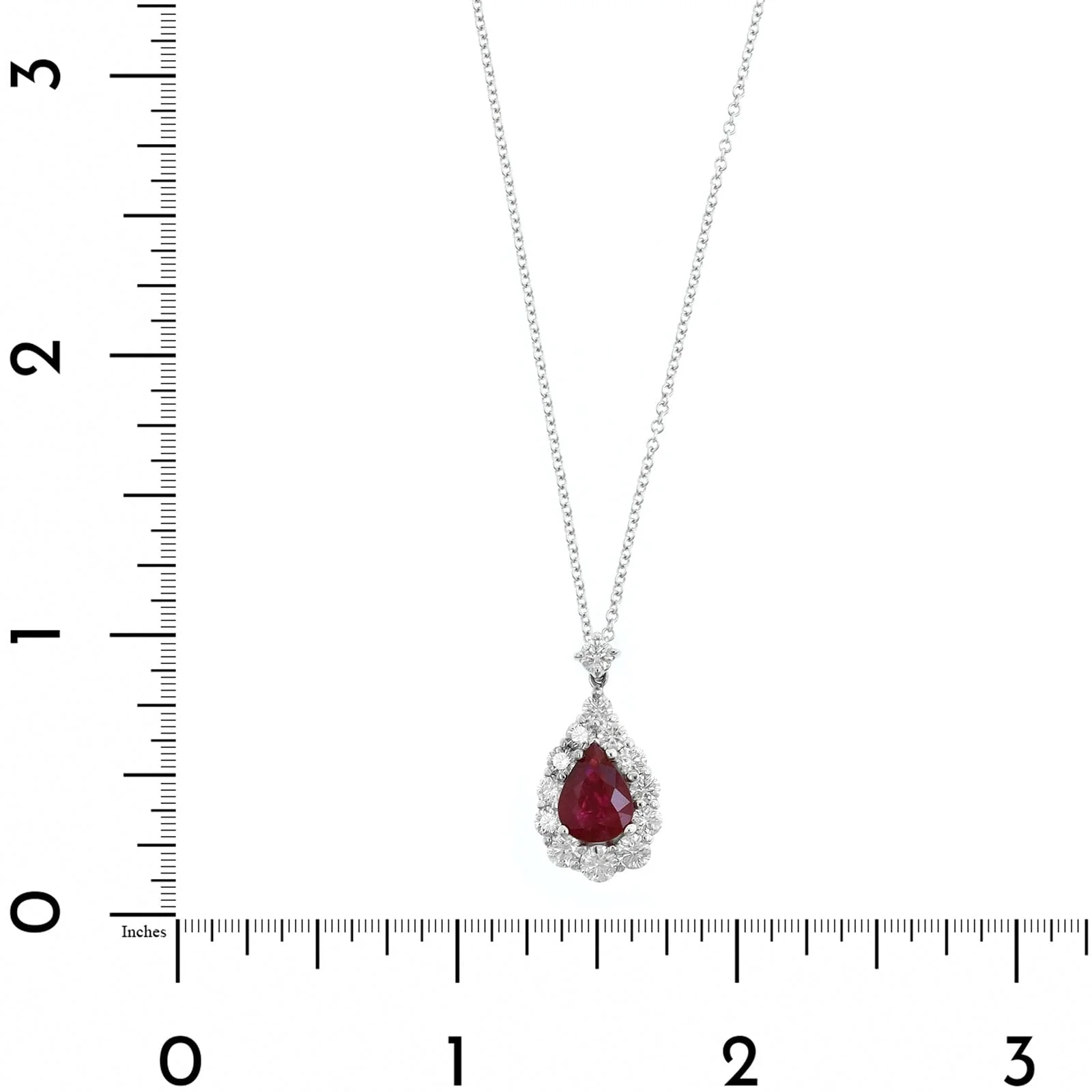 18K White Gold Pear Shaped Ruby and Diamond Halo Necklace - Image 4