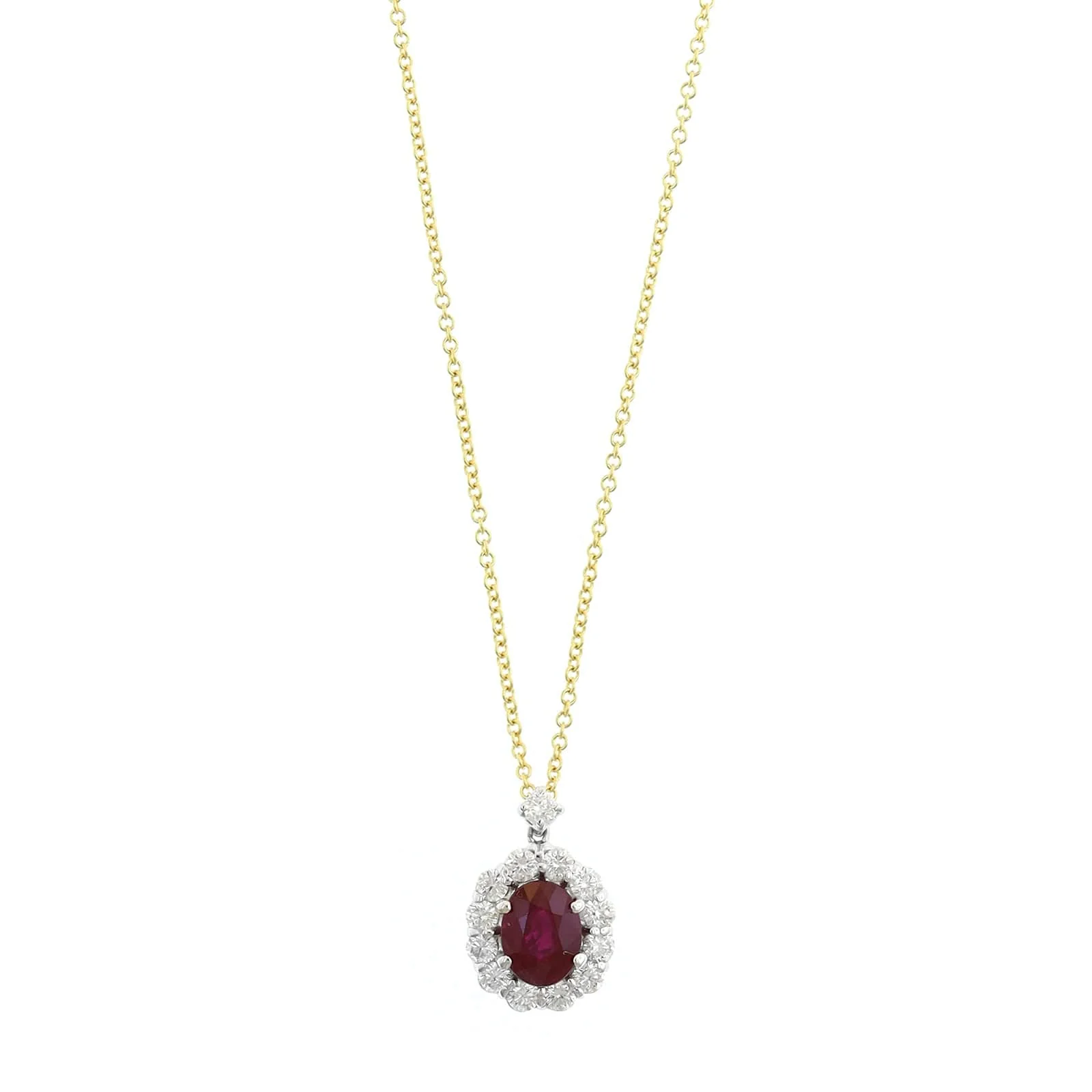 18K Two-Tone Gold Oval Shaped Ruby and Diamond Halo Necklace
