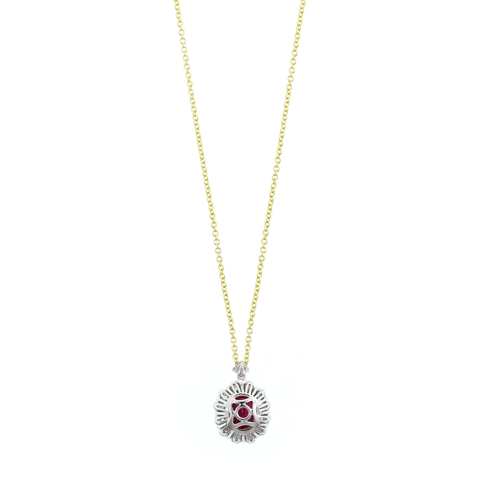 18K Two-Tone Gold Oval Shaped Ruby and Diamond Halo Necklace - Image 2