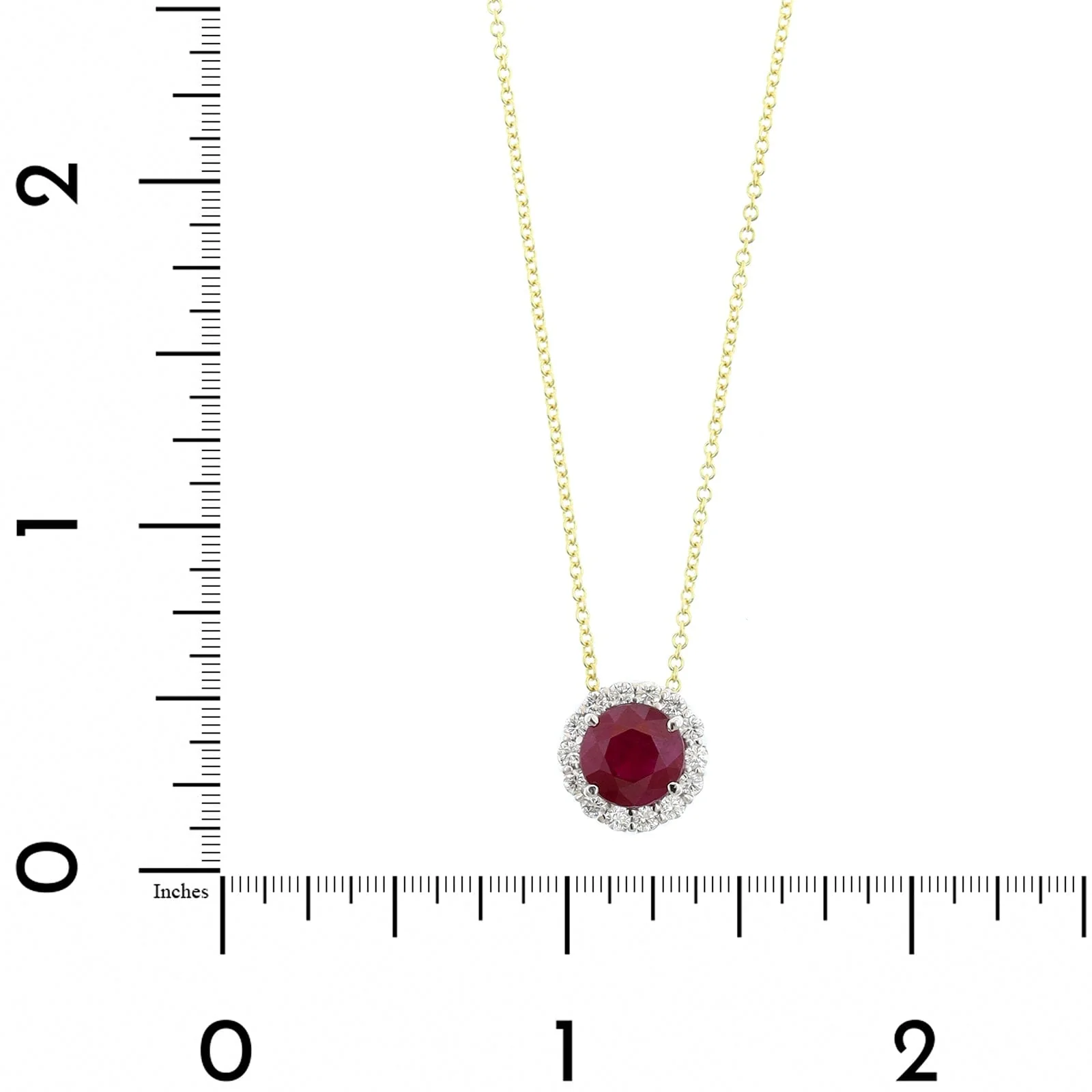 18K Yellow Gold and Platinum Round Shaped Ruby and Diamond Halo Necklace - Image 4