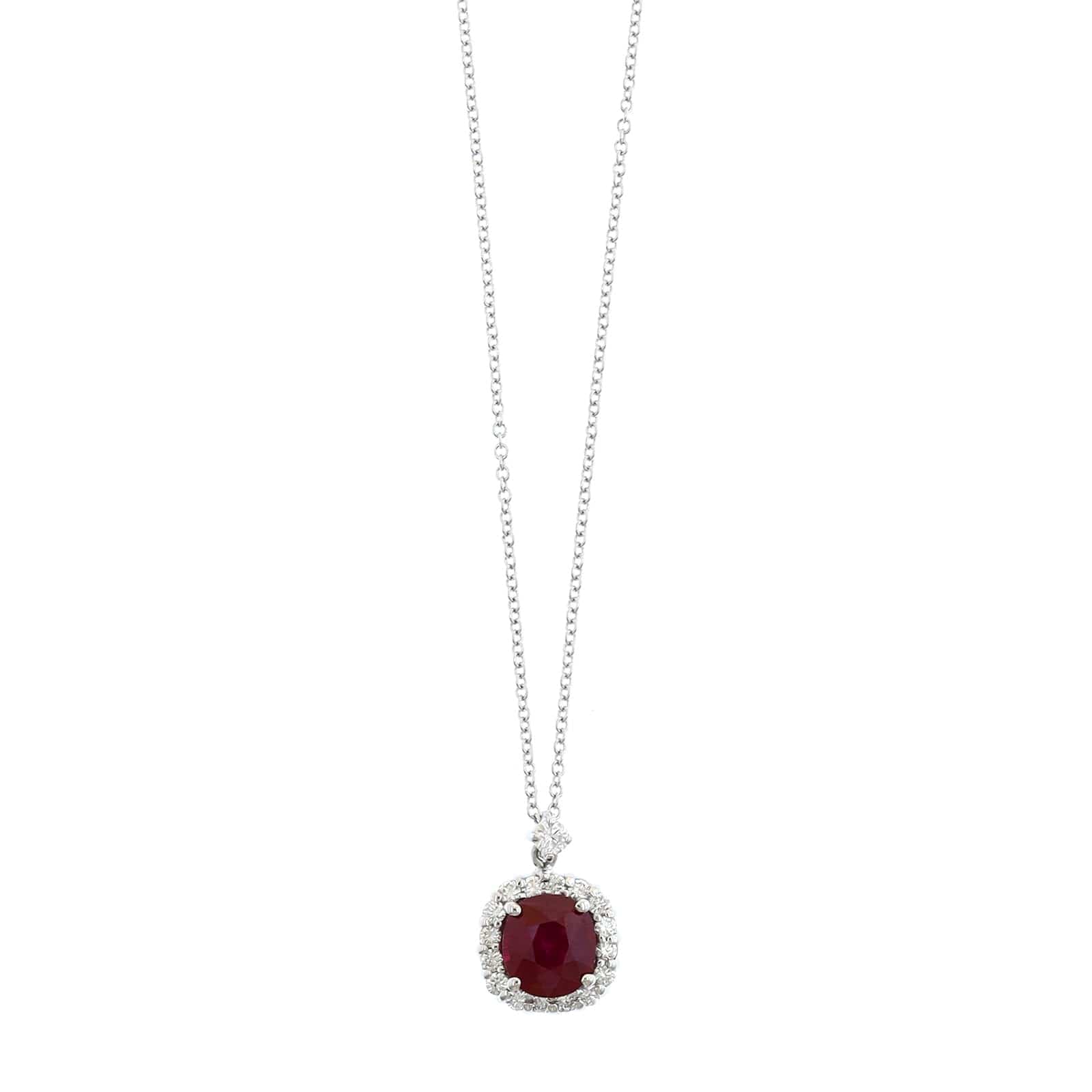 18K White Gold Ruby and Diamond Halo Pendant Necklace