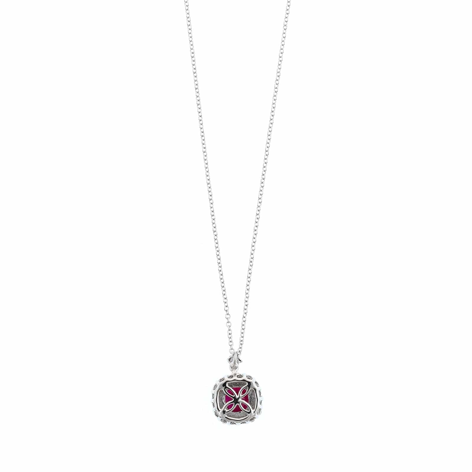 18K White Gold Ruby and Diamond Halo Pendant Necklace - Image 2