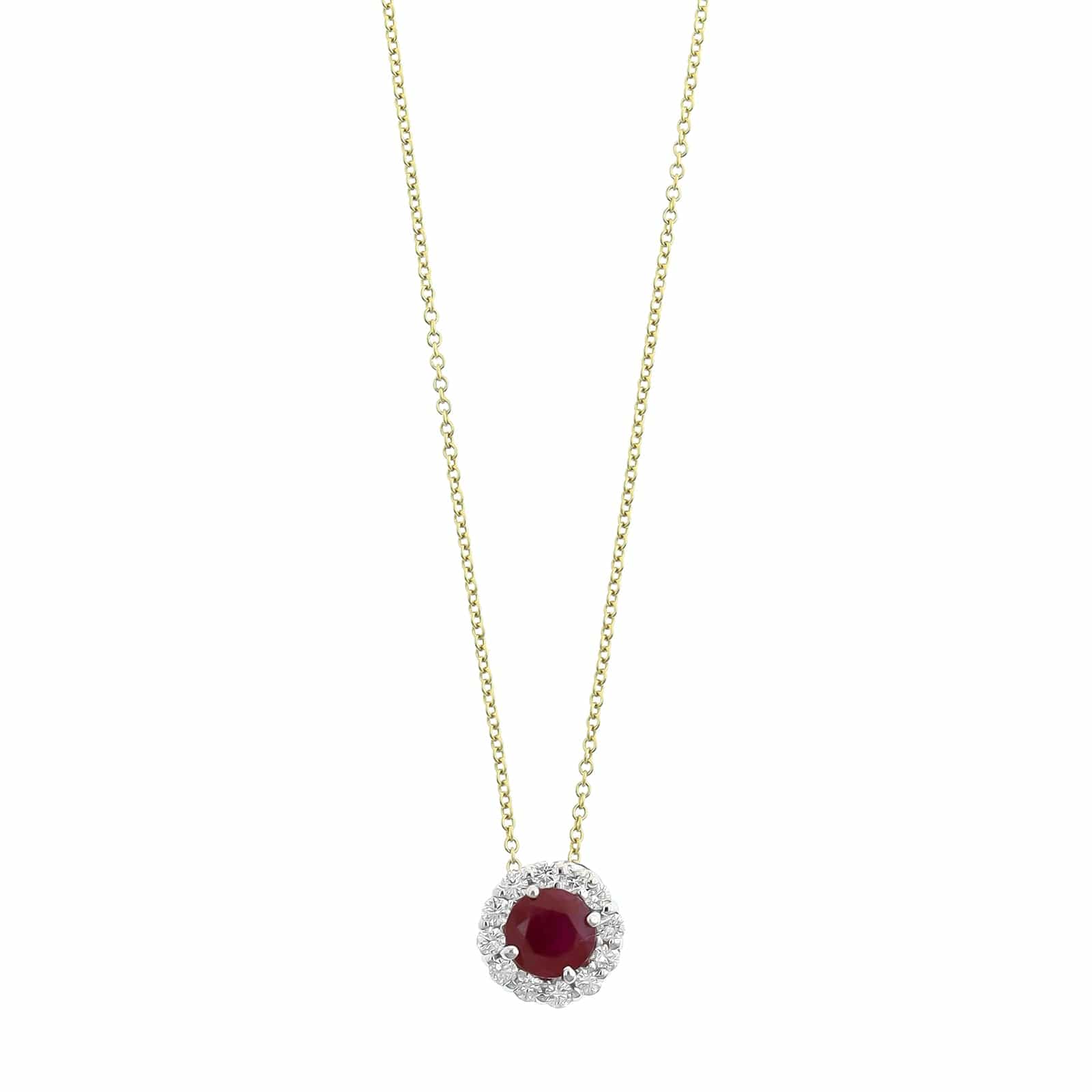 18K Two-Tone Gold Round Ruby and Diamond Halo Pendant Necklace