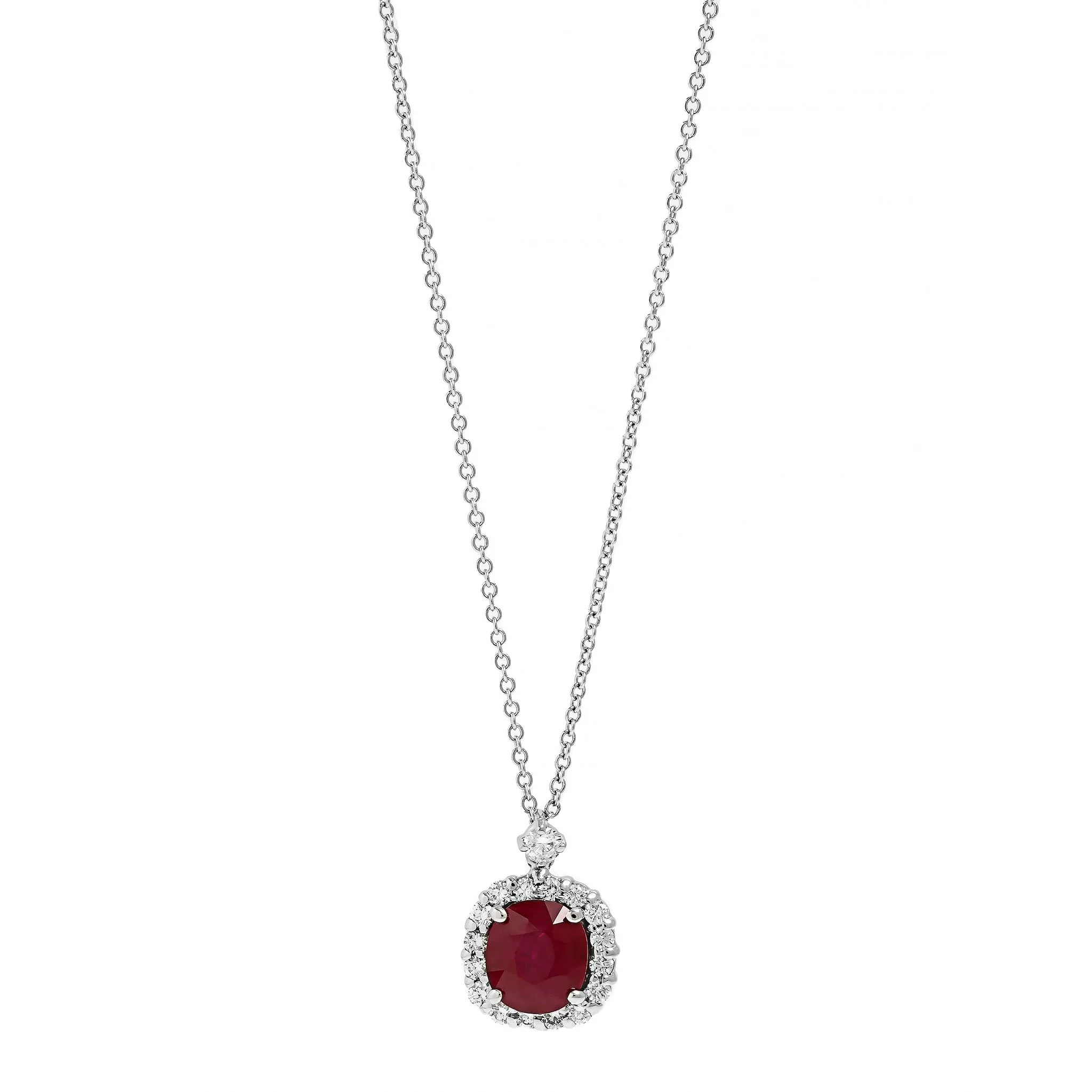 18K White Gold Ruby and Diamond Halo Pendant Necklace