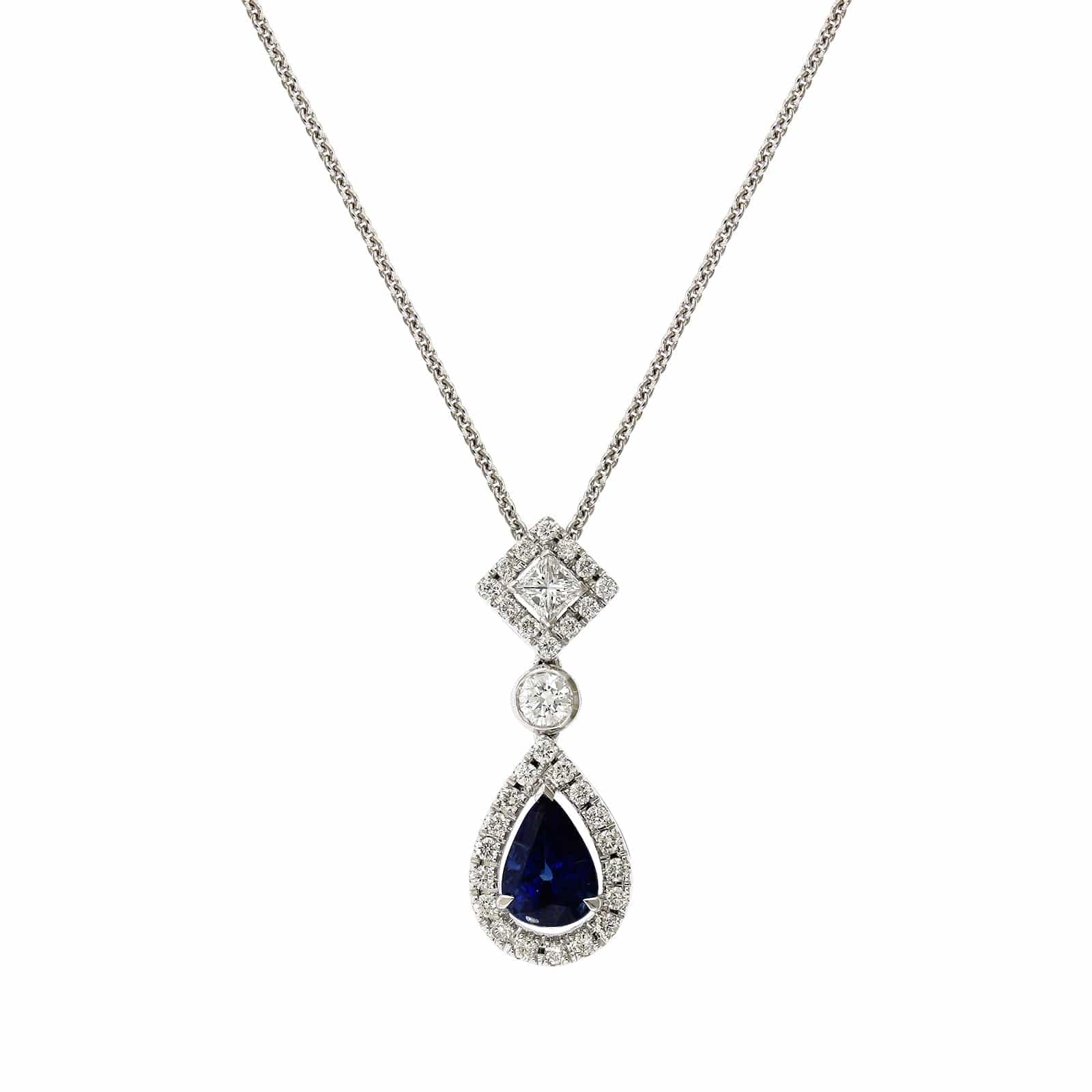 18K White Gold Pear Shape Sapphire Diamond Necklace