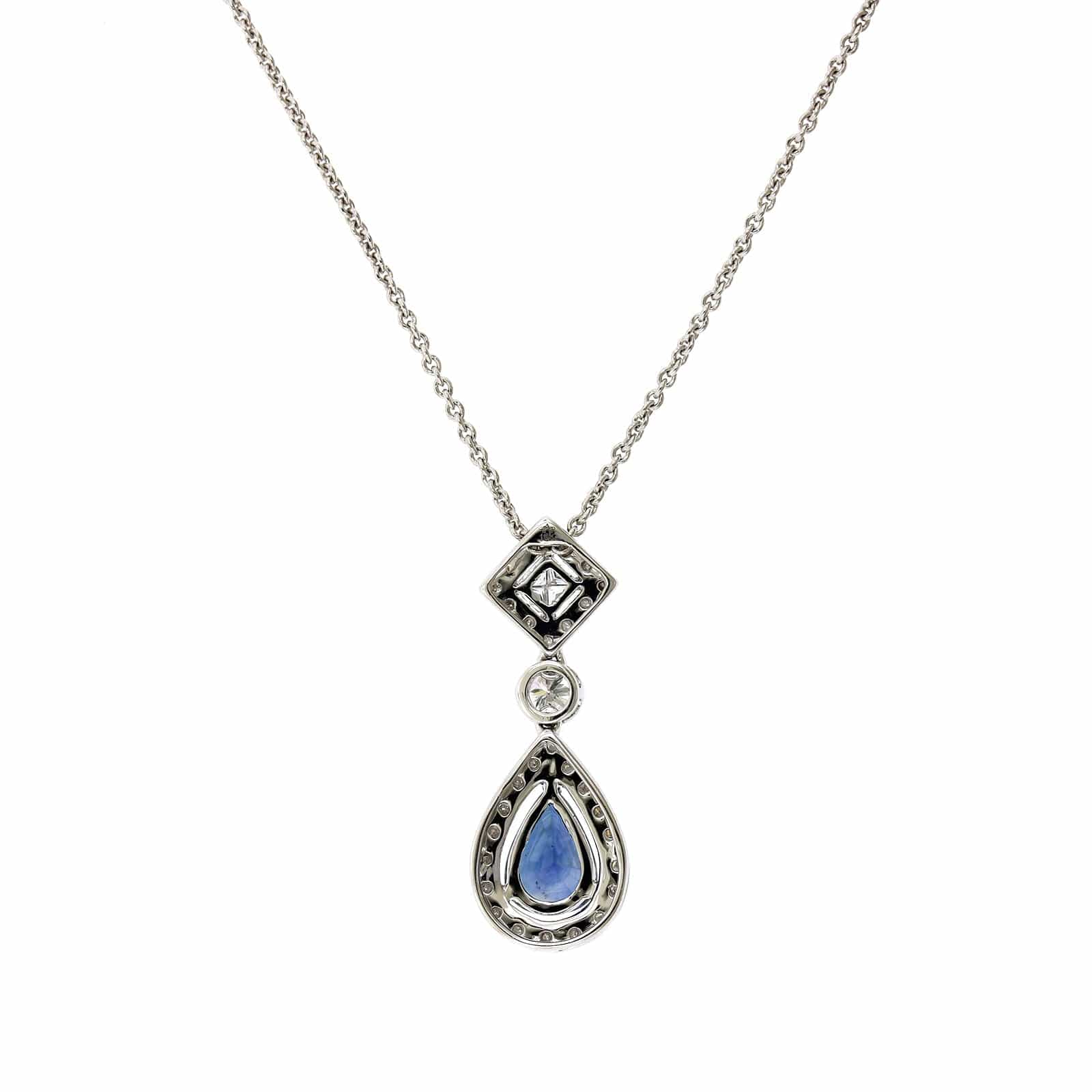 18K White Gold Pear Shape Sapphire Diamond Necklace - Image 2