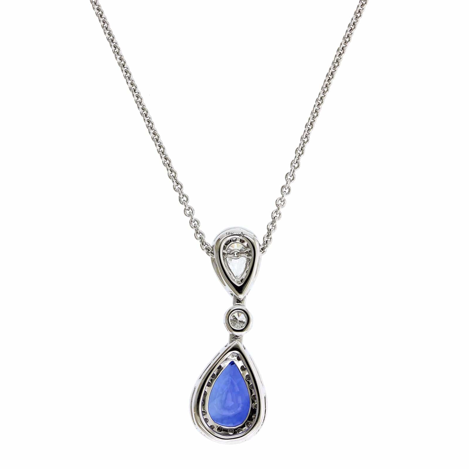 18K White Gold Pear Shape Sapphire Diamond Halo Pendant - Image 2