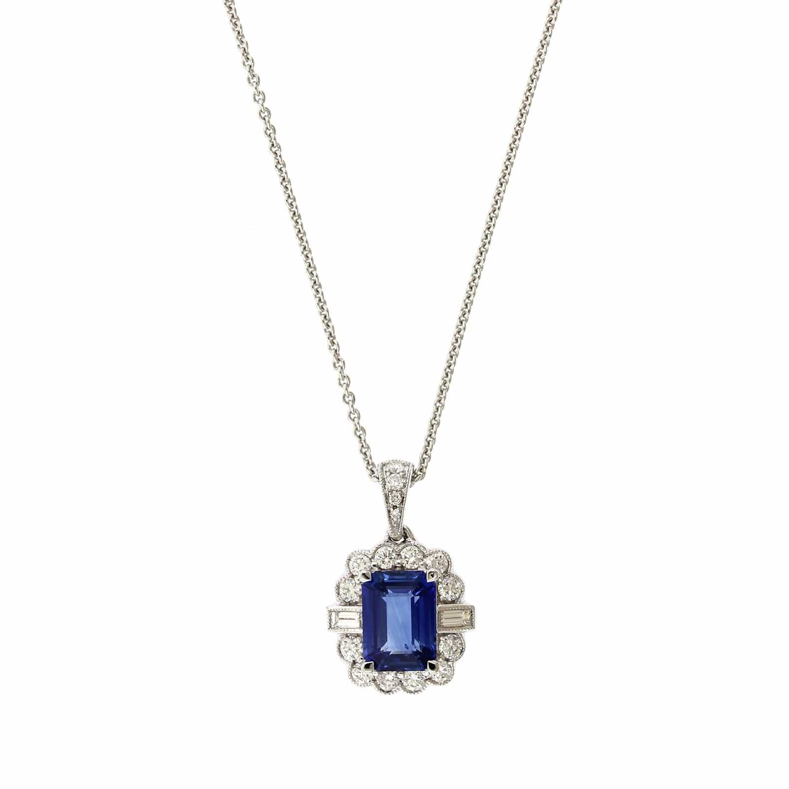 18K White Gold Cushion Sapphire Diamond Halo Pendant Necklace