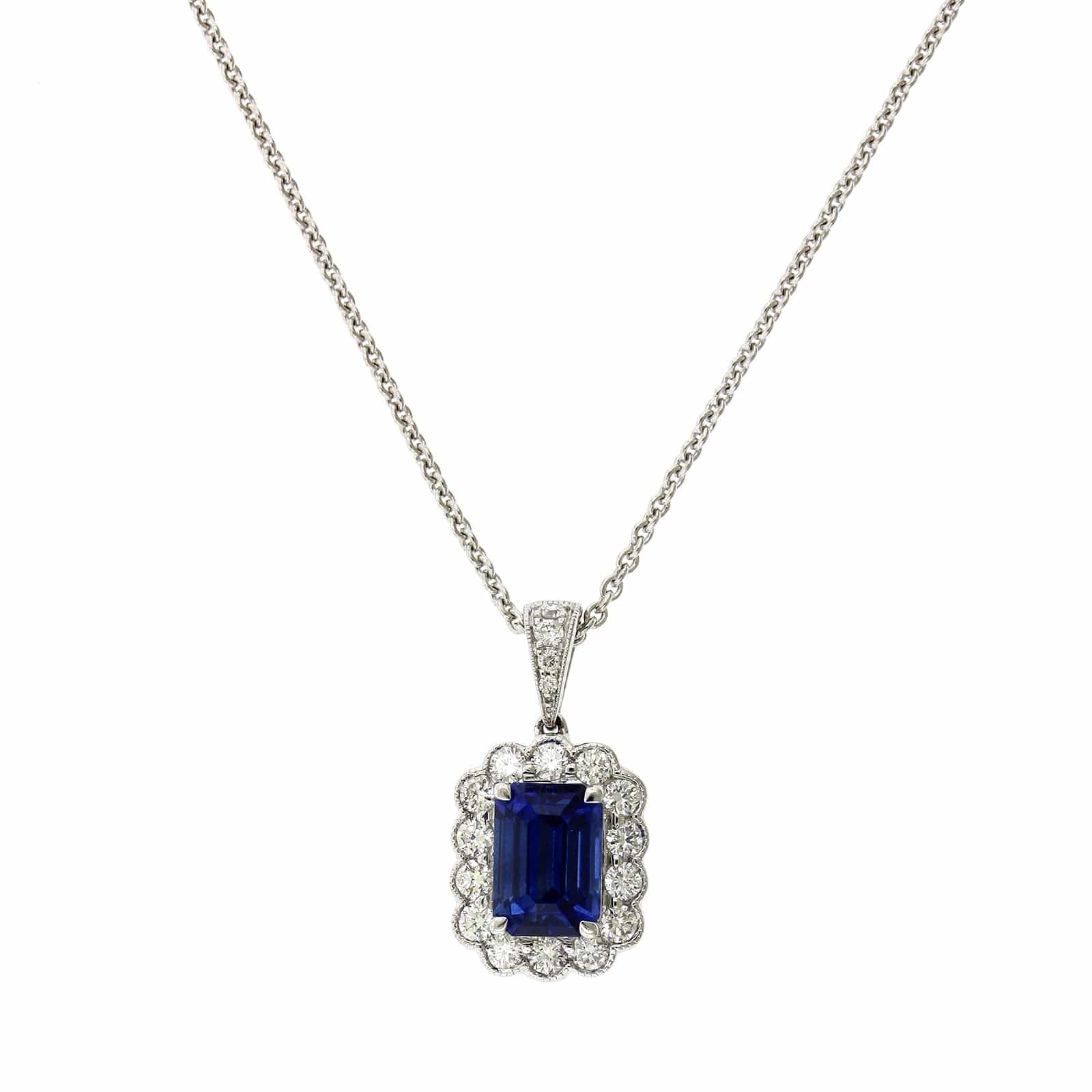 18K White Gold Emerald Cut Sapphire Diamond Halo Necklace