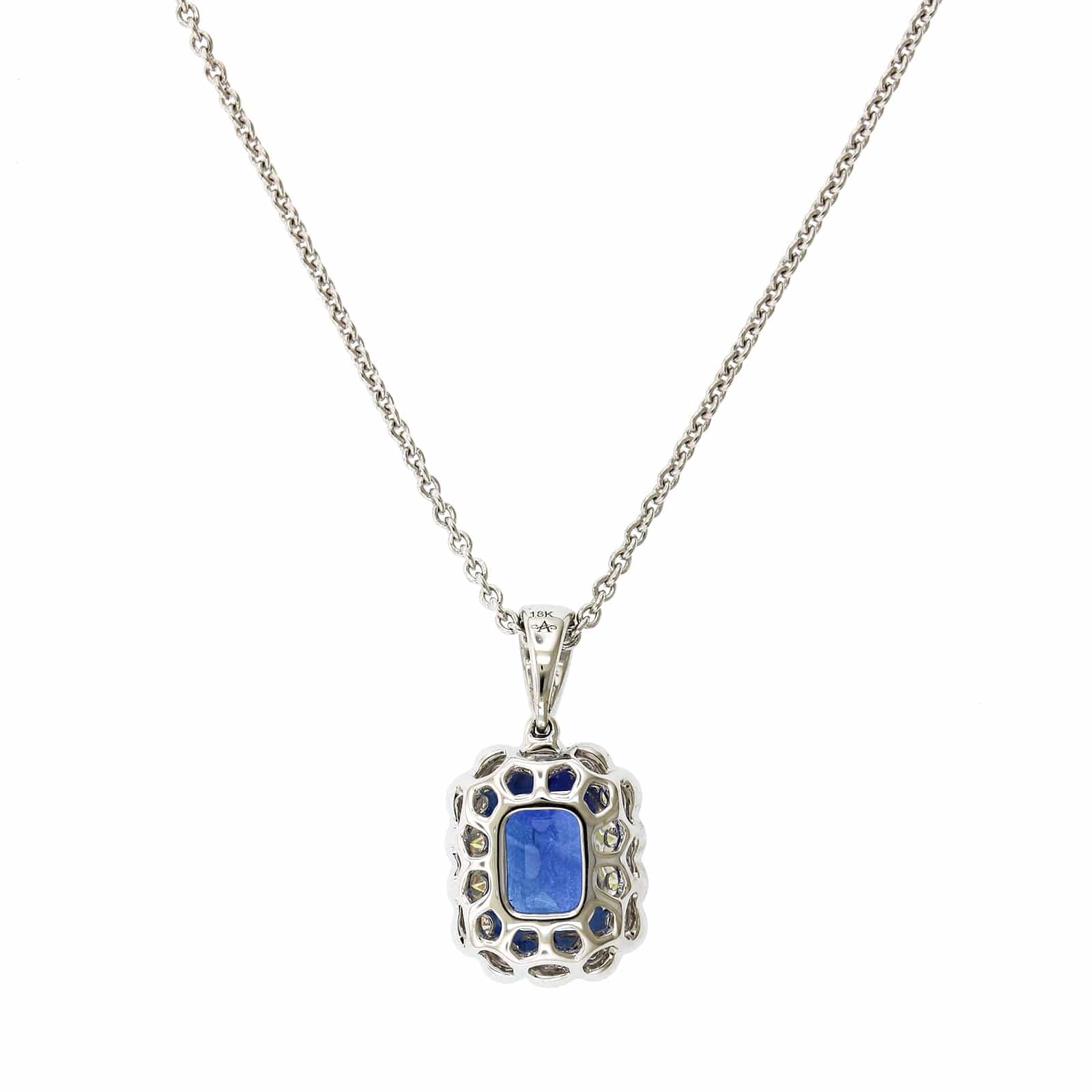 18K White Gold Emerald Cut Sapphire Diamond Halo Necklace - Image 2