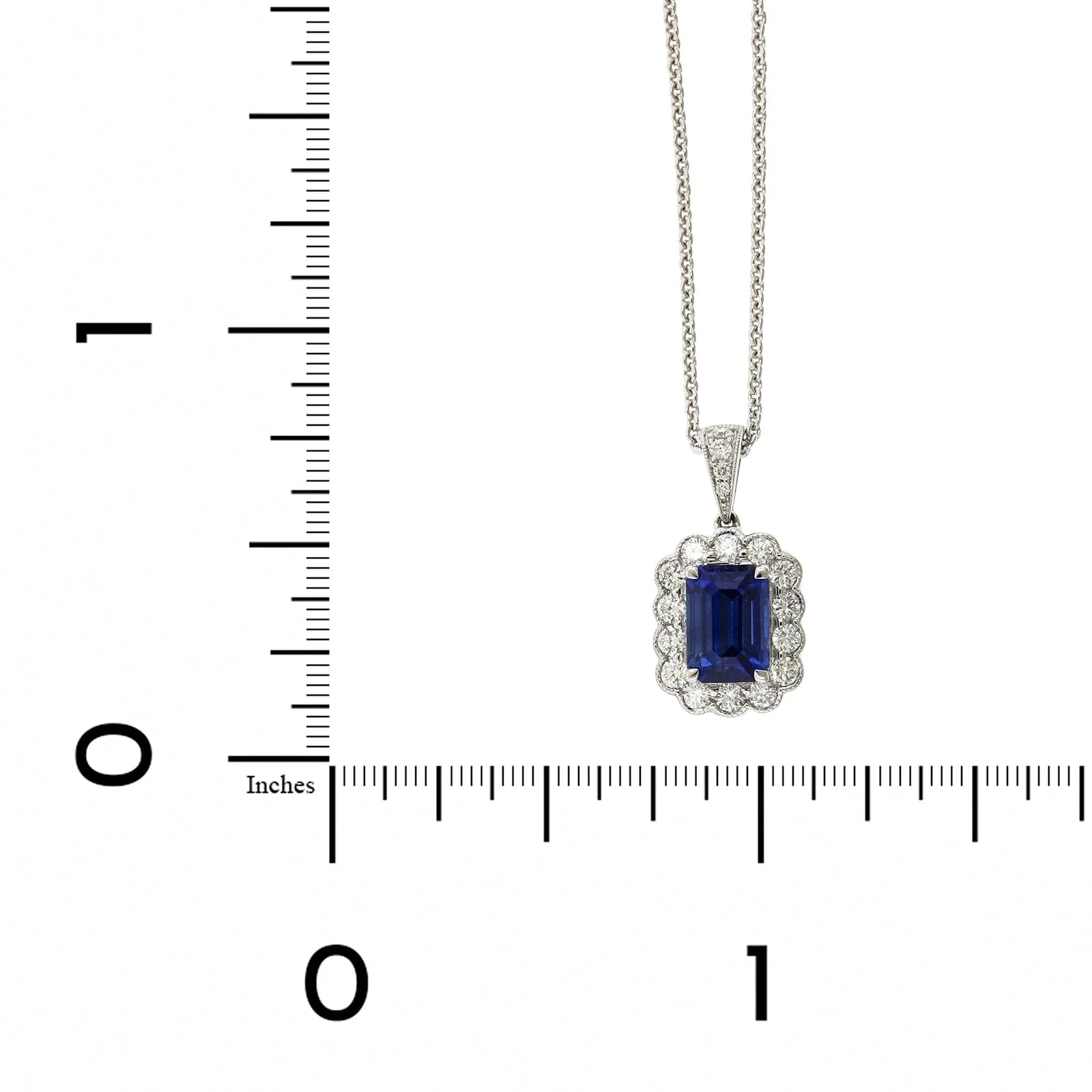 18K White Gold Emerald Cut Sapphire Diamond Halo Necklace - Image 4