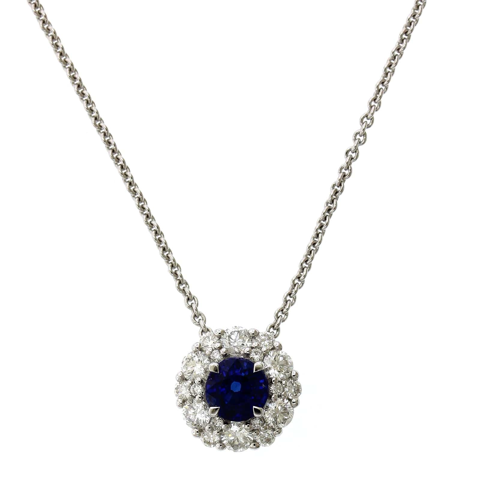 18K White Gold Sapphire Diamond Halo Pendant