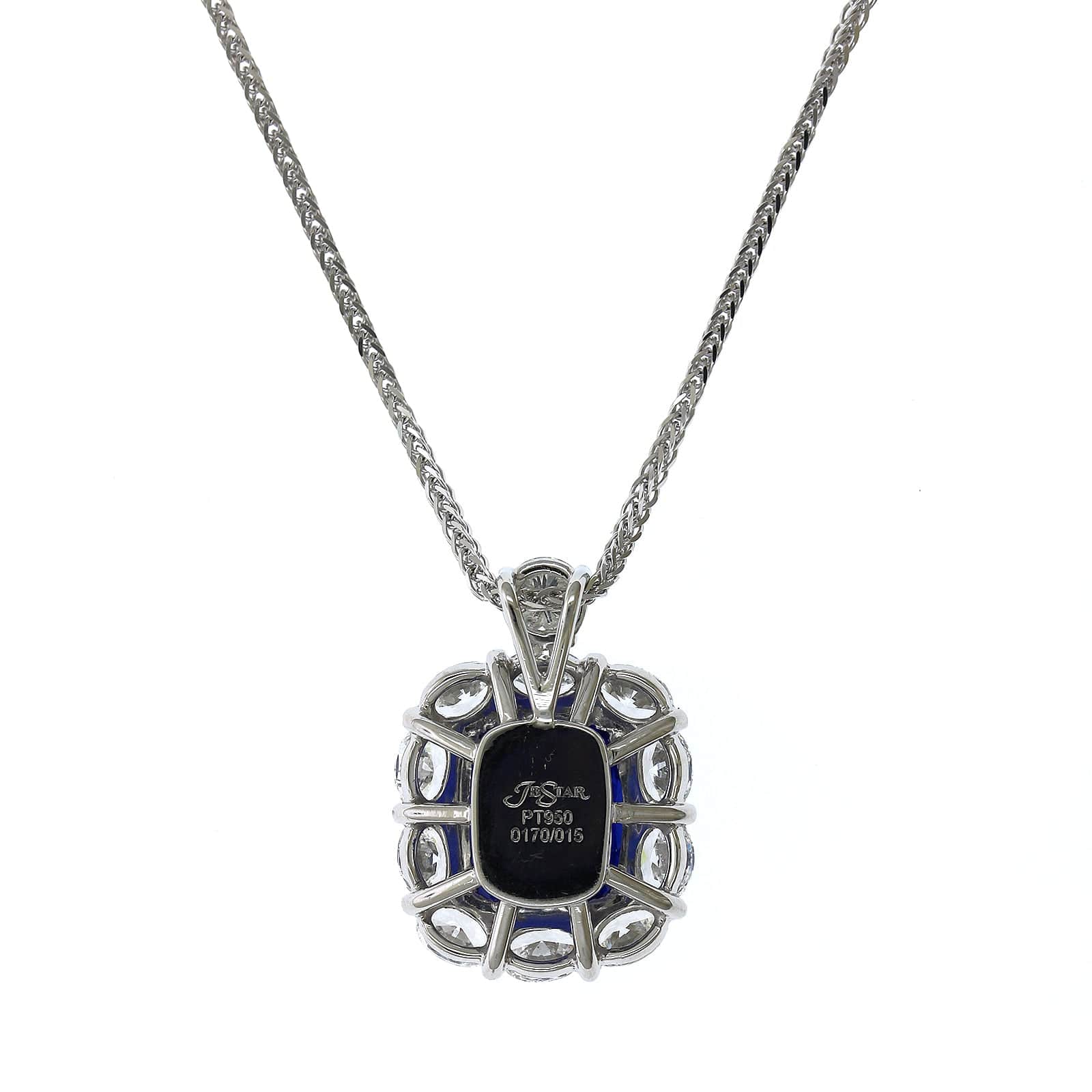 Platinum Cushion Sapphire Diamond Halo Necklace - Image 2