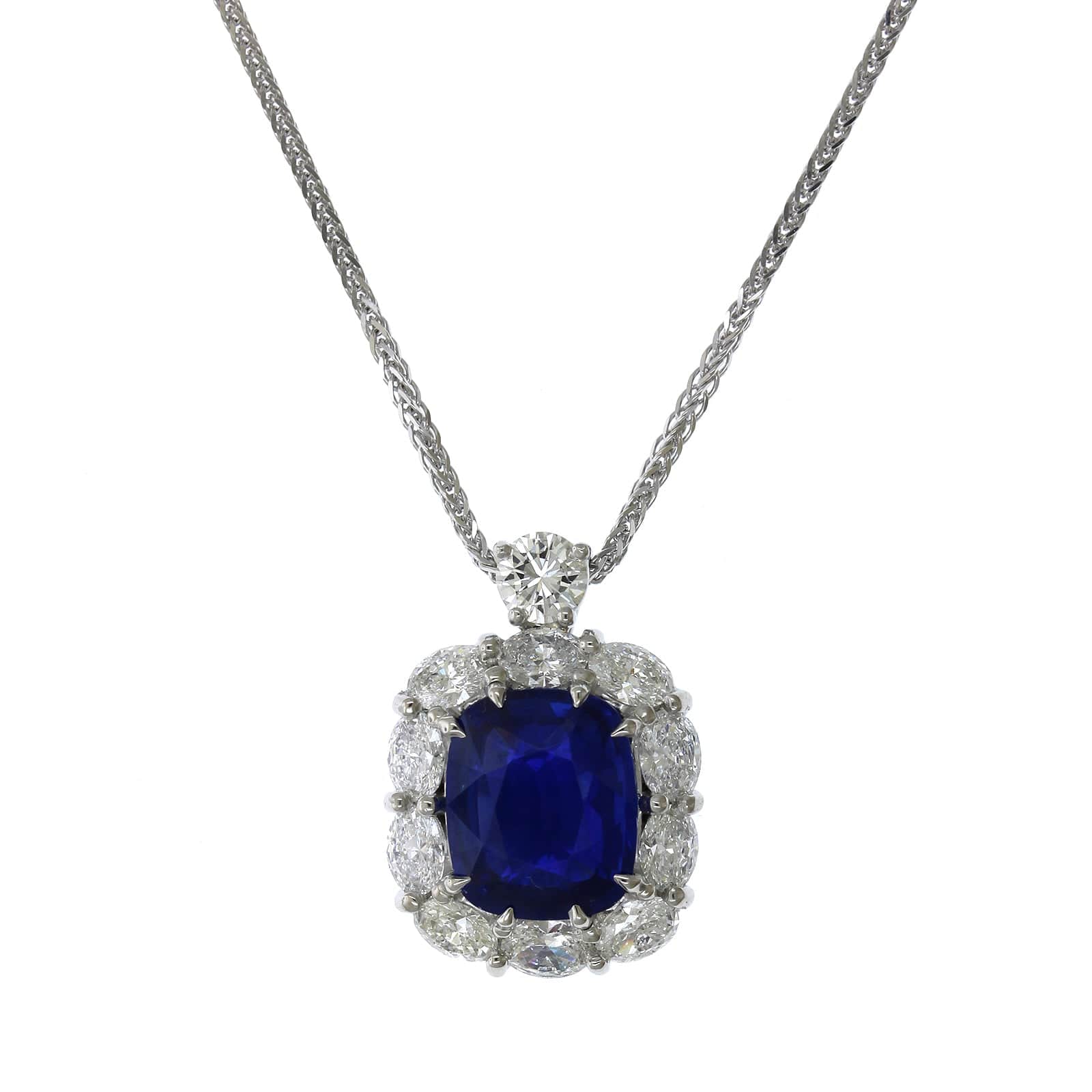 Platinum Cushion Sapphire Diamond Halo Necklace - Image 5