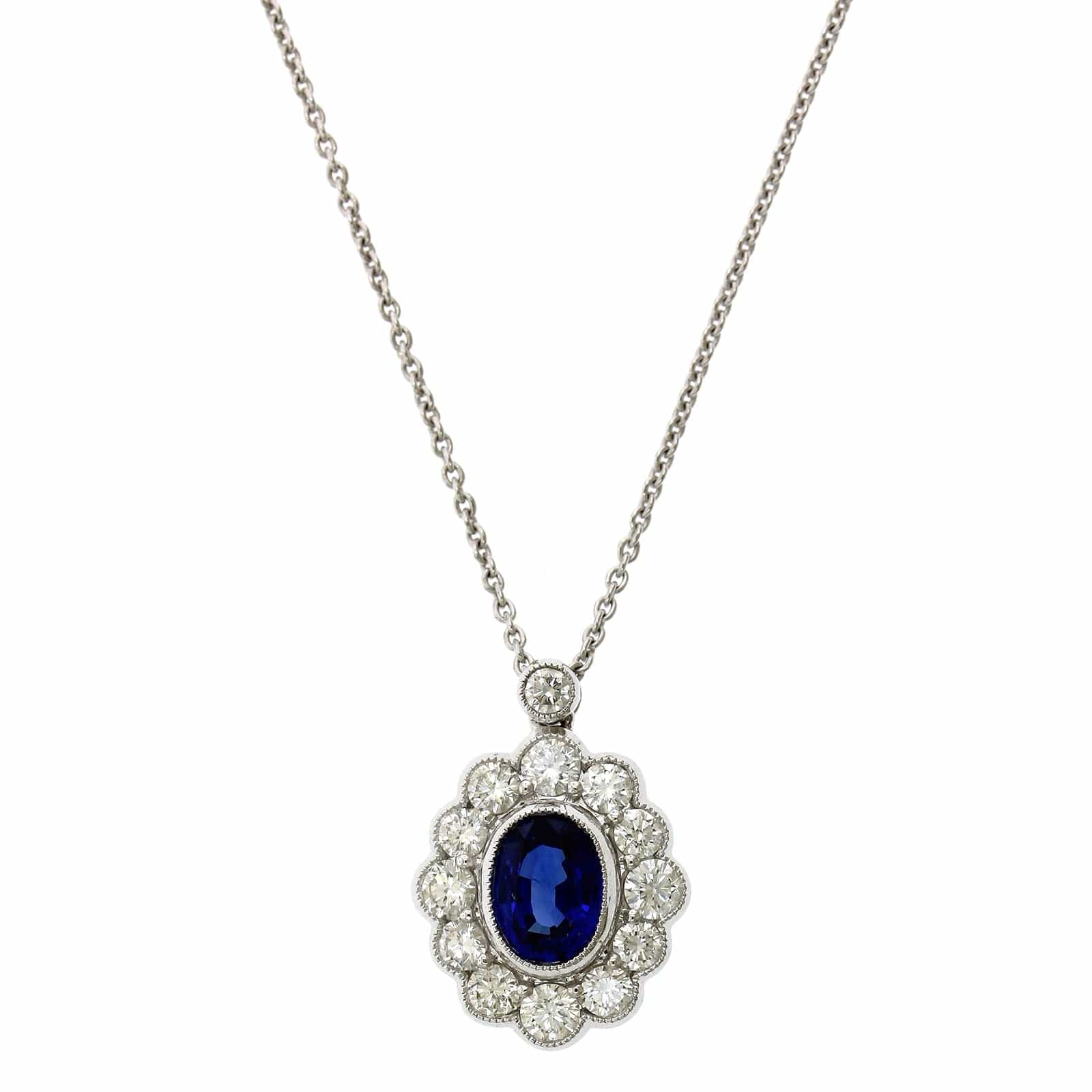 18K White Gold Oval Sapphire Vintage Style Pendant
