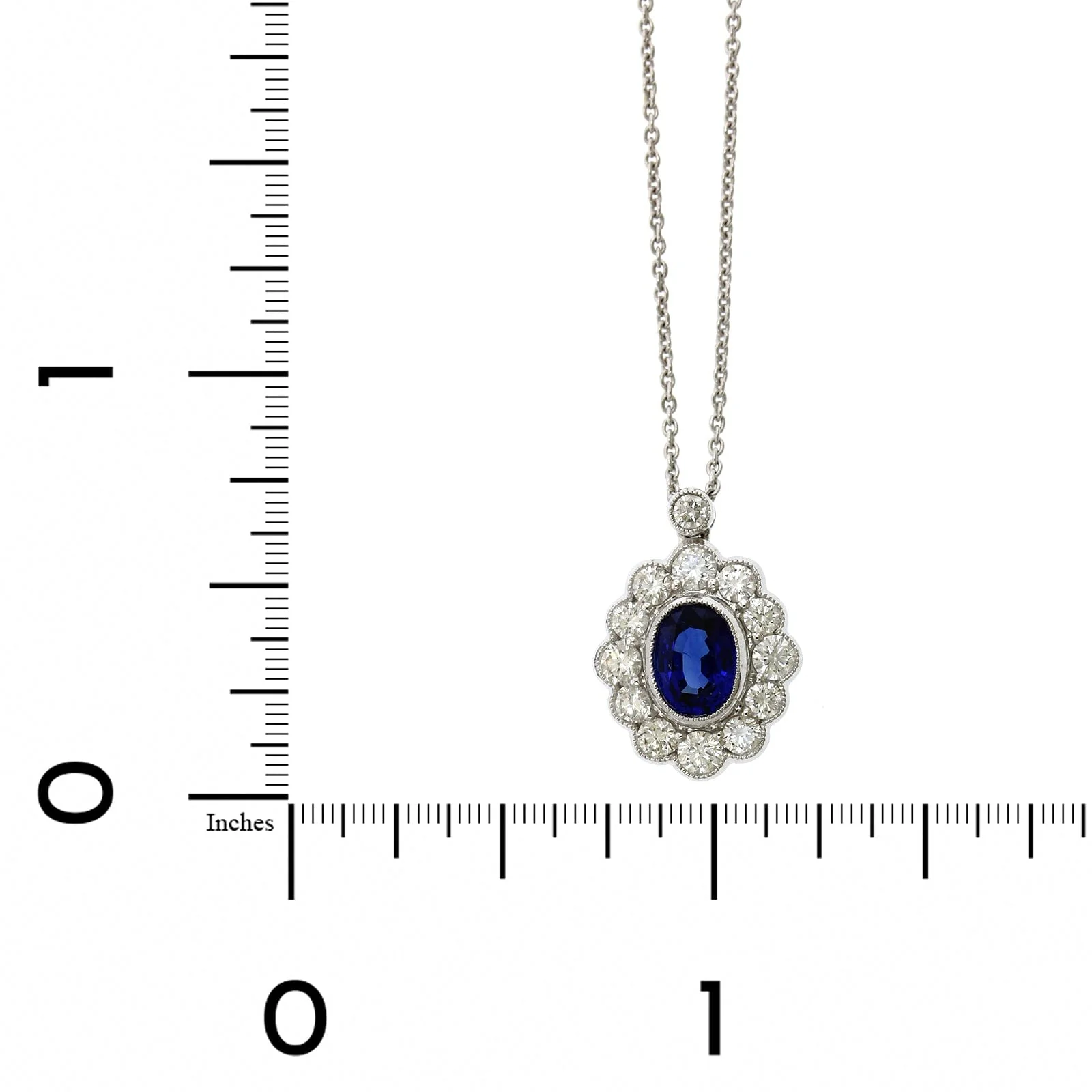 18K White Gold Oval Sapphire Vintage Style Pendant - Image 4