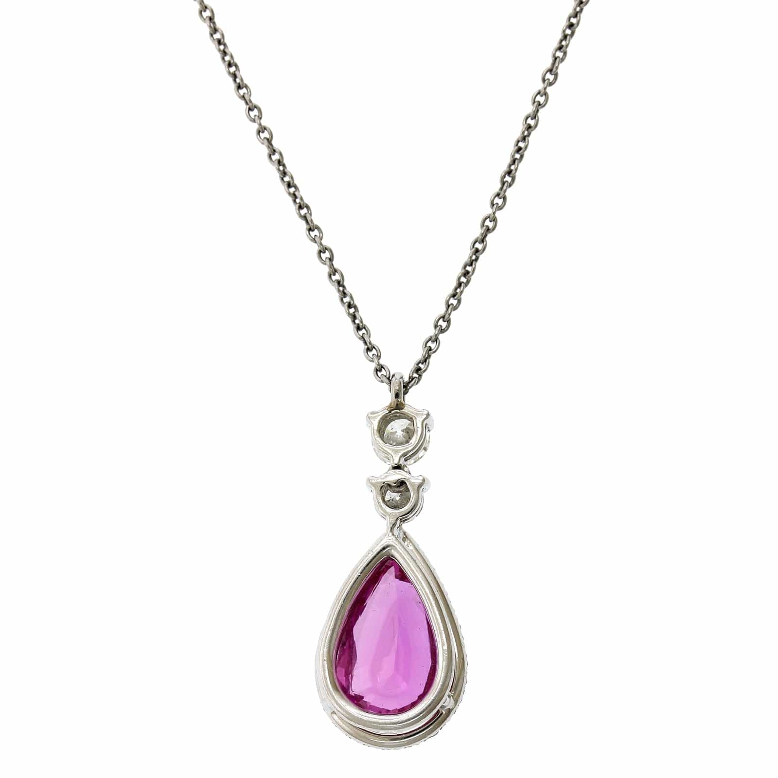 Platinum Pear Shape Pink  Sapphire Diamond Halo Pendant - Image 2