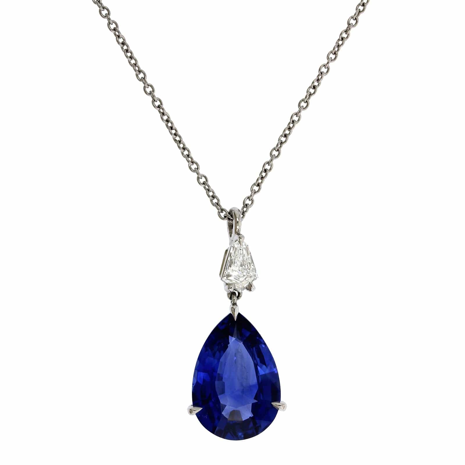 Platinum Pear Shape Sapphire and Diamond Pendant - Image 5
