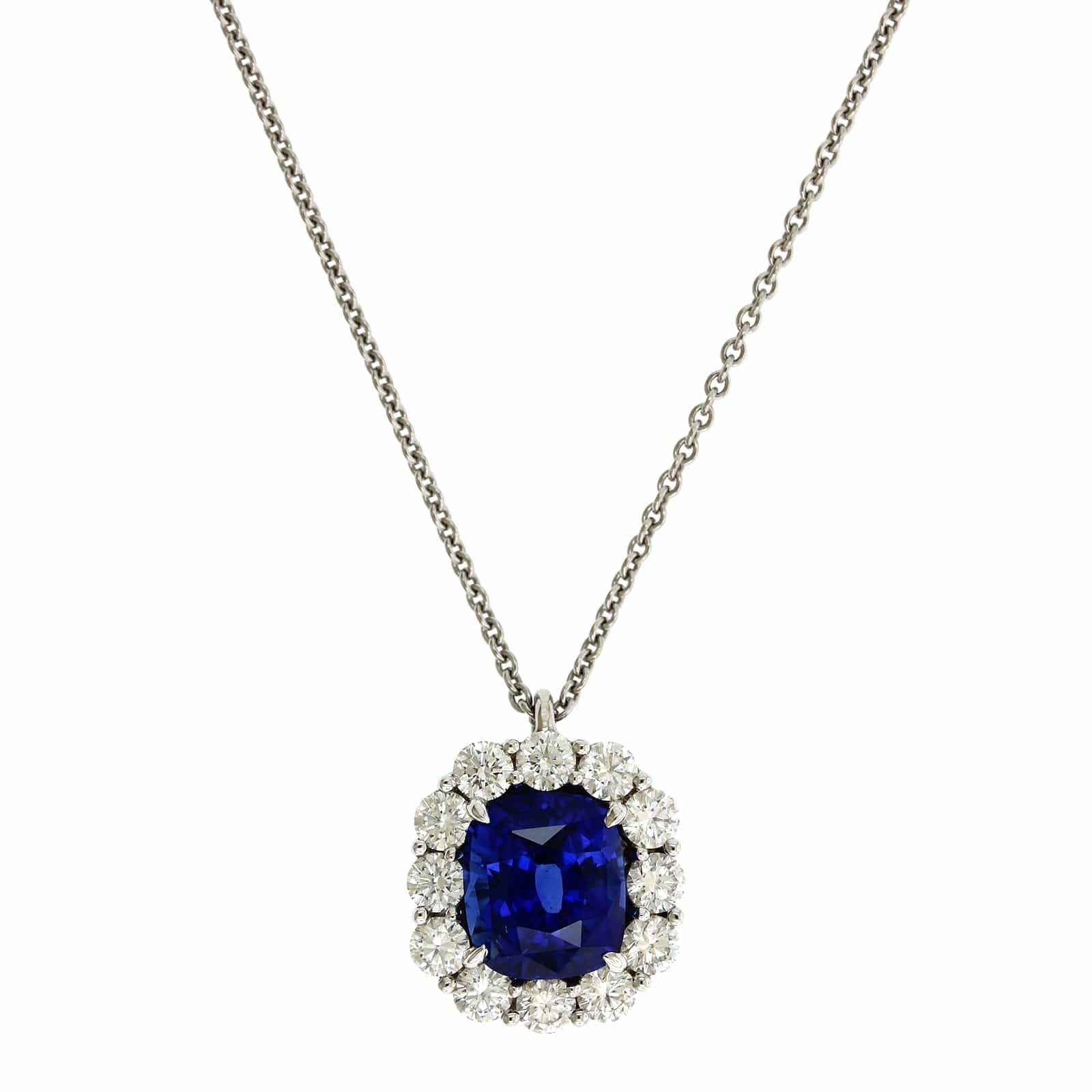 Platinum Cushion Sapphire Diamond Halo Pendant - Image 5