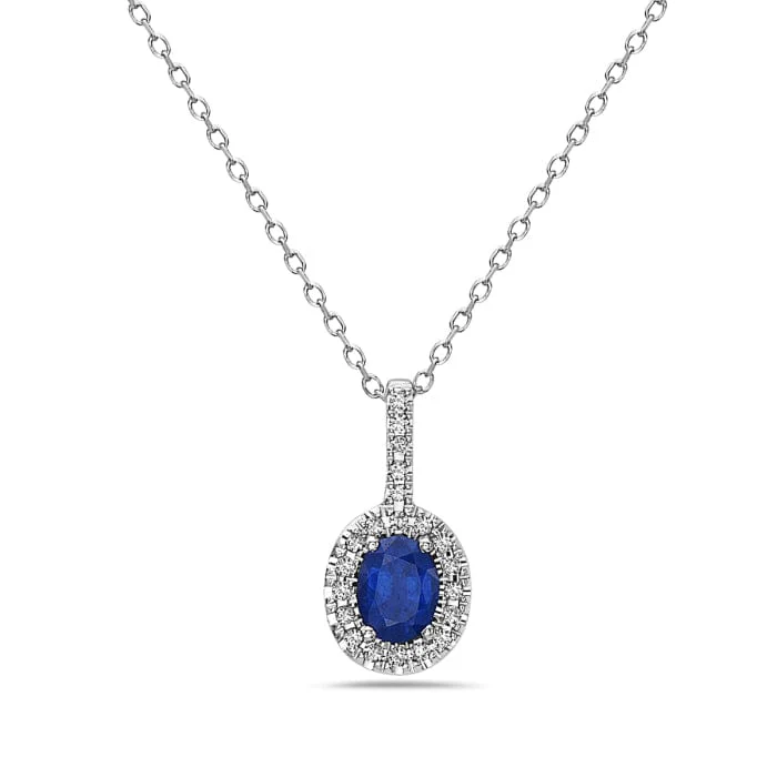 14K White Gold Sapphire and Diamond Halo Necklace