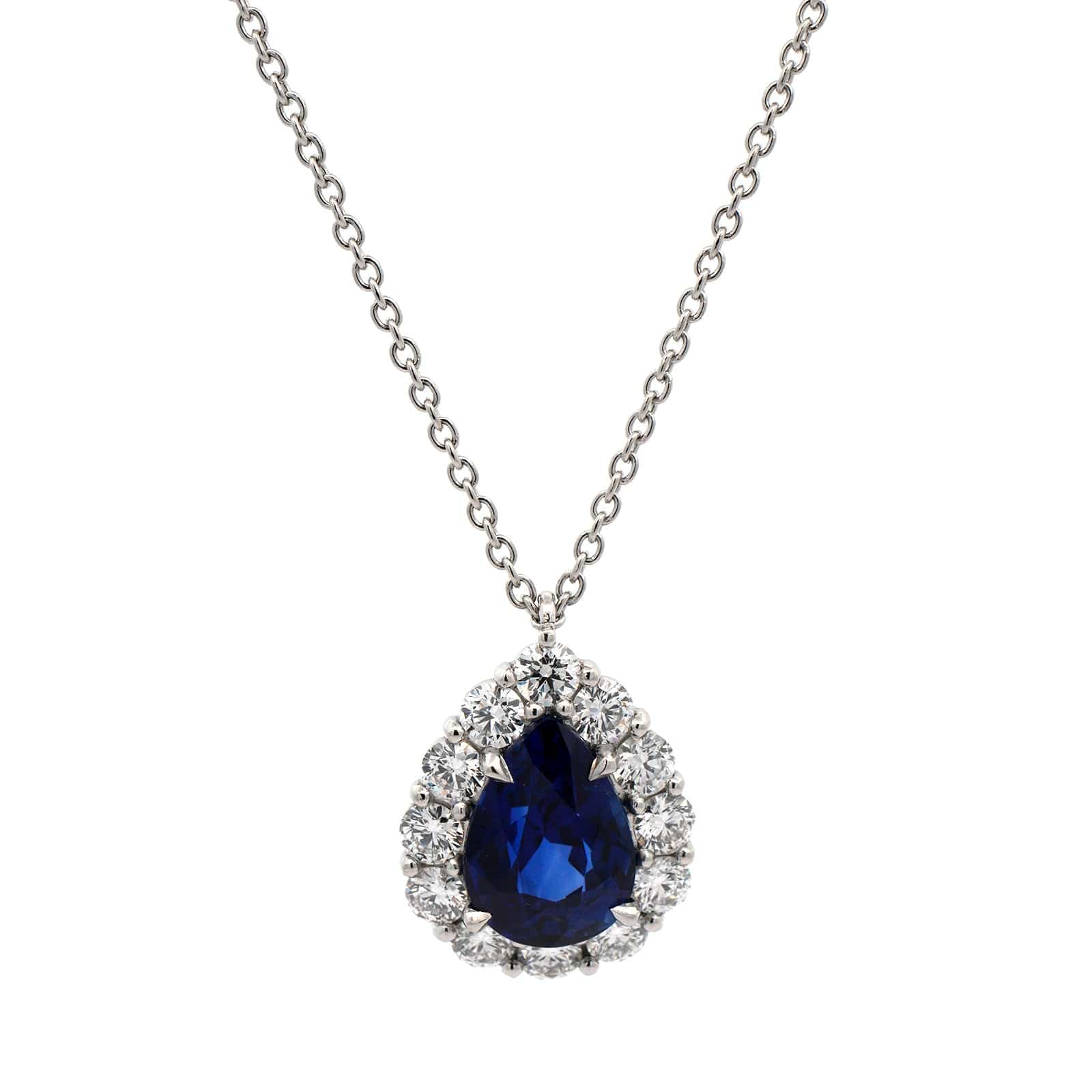 Platinum Blue Sapphire & Diamond Halo Necklace - Image 5