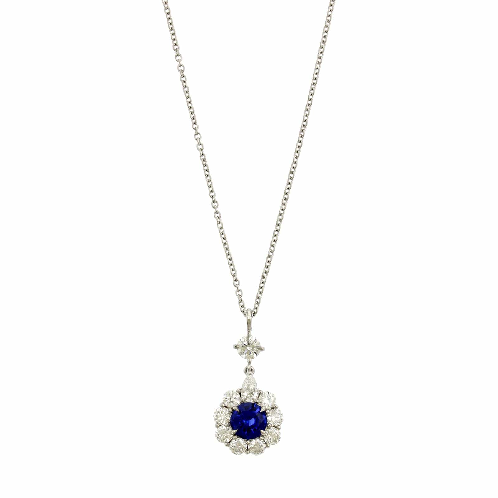 Platinum Diamond Halo & Blue Sapphire Necklace