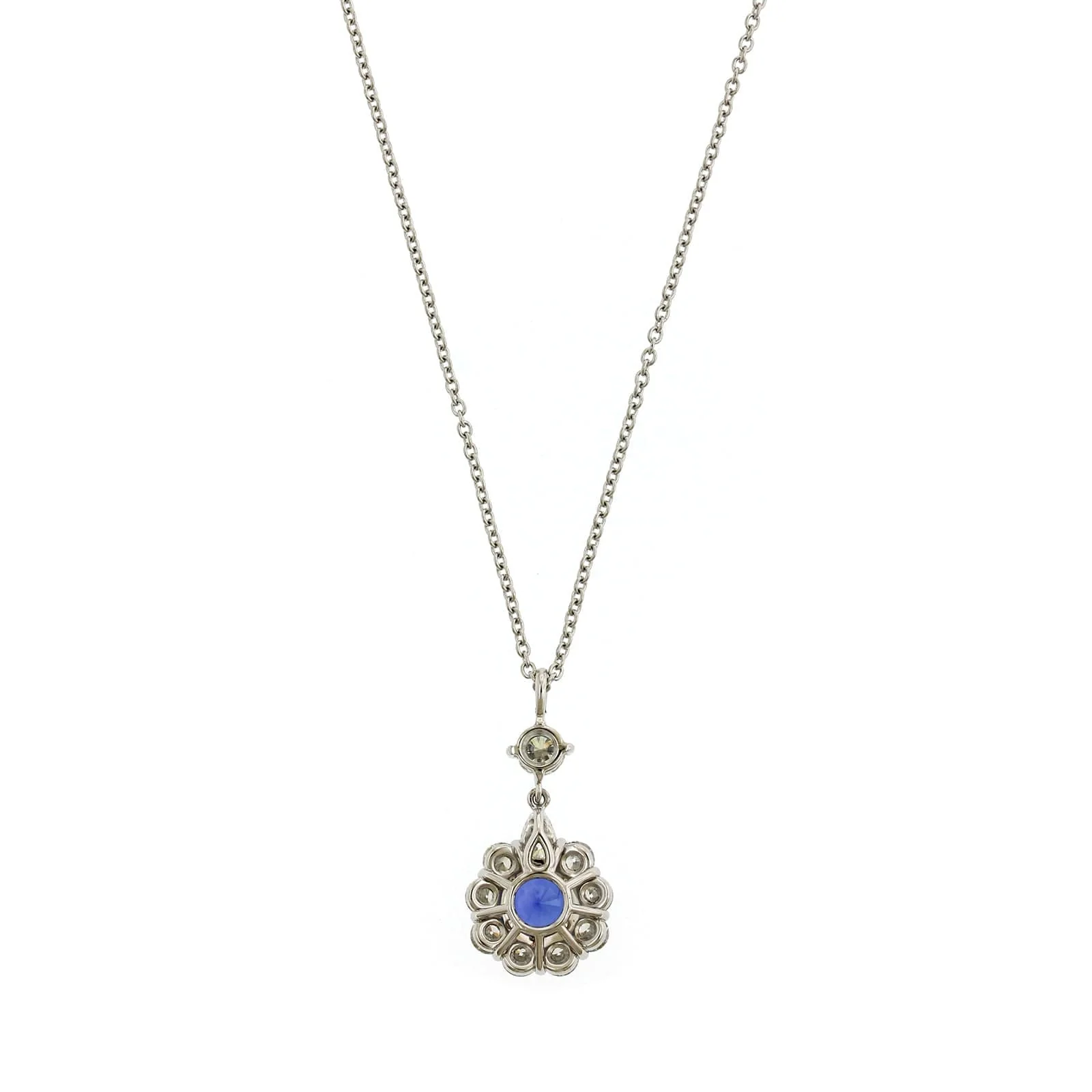 Platinum Diamond Halo & Blue Sapphire Necklace - Image 2