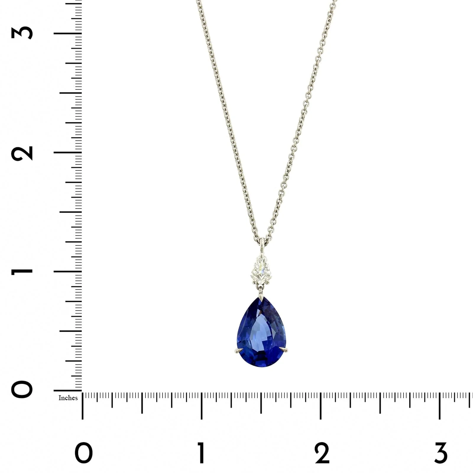 Platinum Diamond & Pear Shaped Sapphire Drop Necklace - Image 4