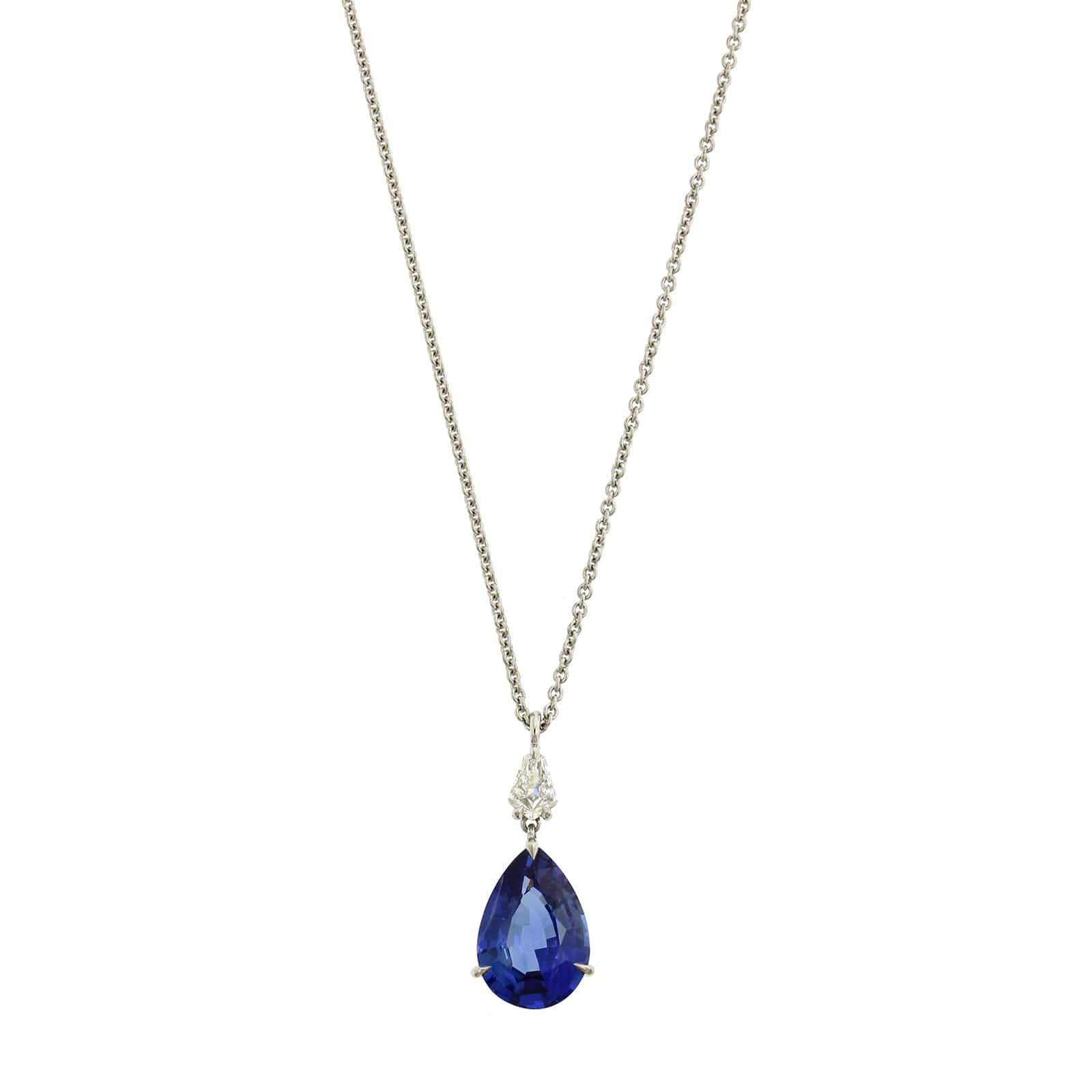 Platinum Diamond & Pear Shaped Sapphire Drop Necklace - Image 5