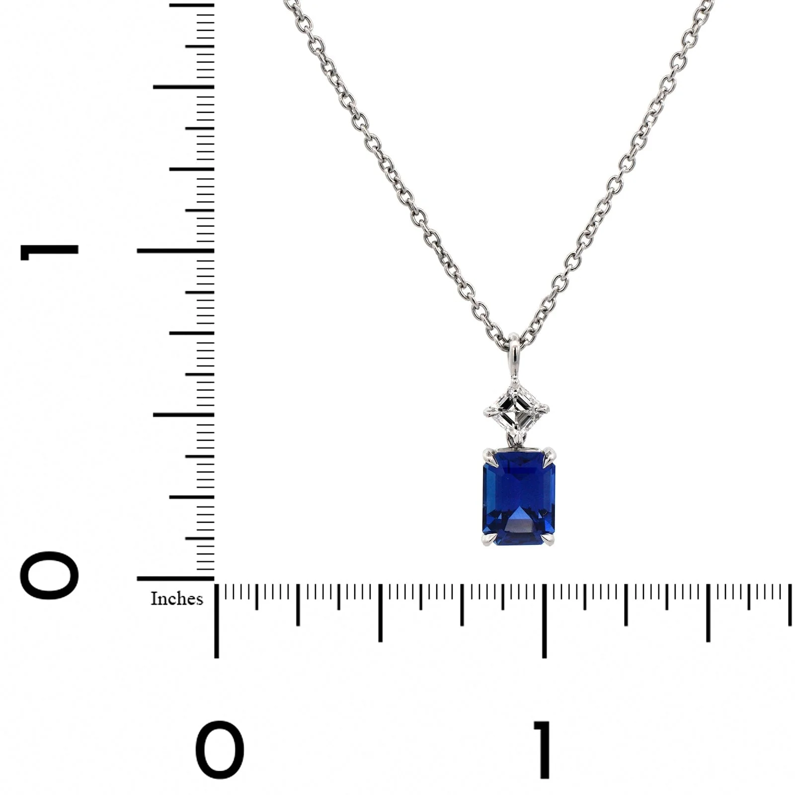 Platinum Diamond & Emerald Cut Sapphire Pendant Necklace - Image 4