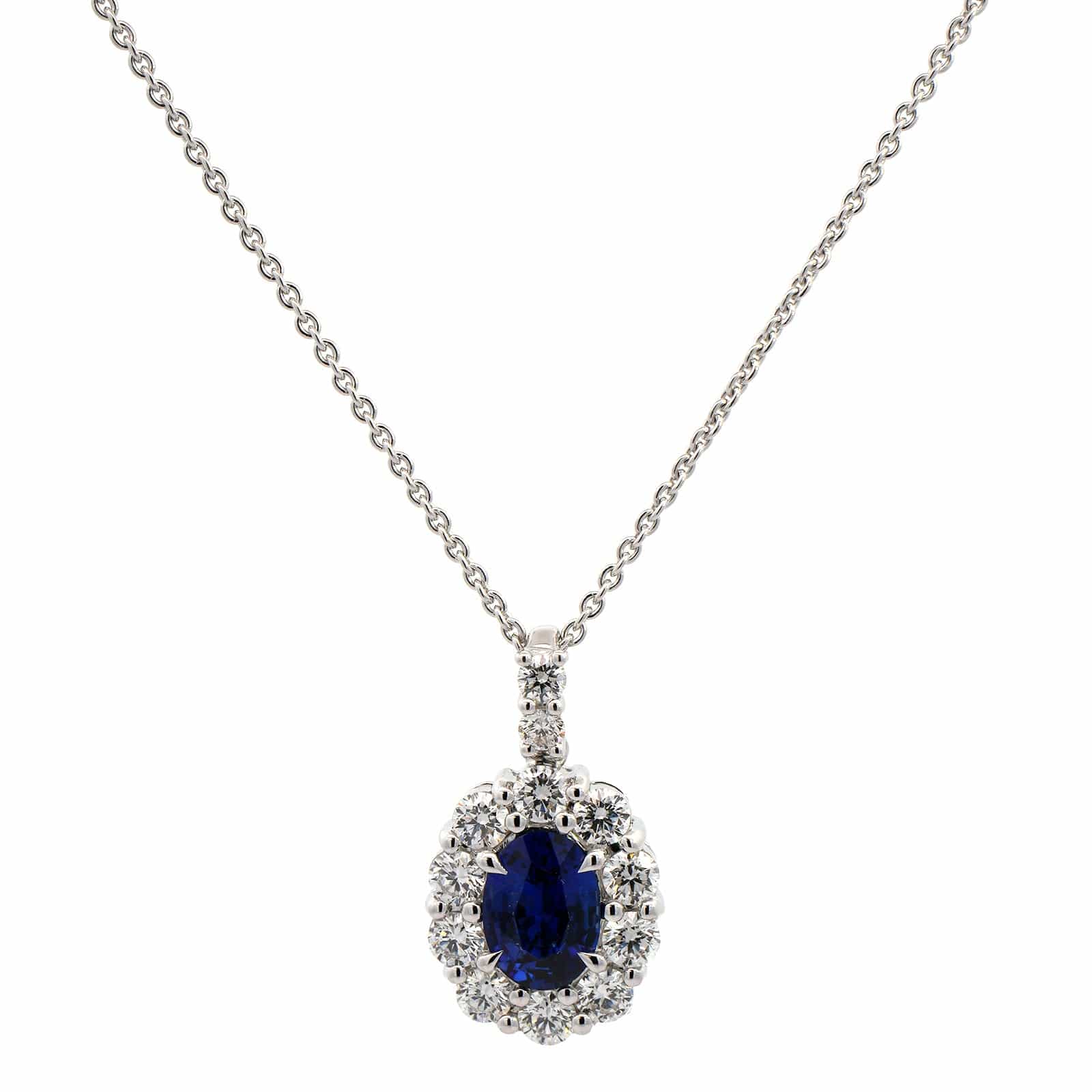 Platinum Diamond & Oval Sapphire Pendant Necklace - Image 5