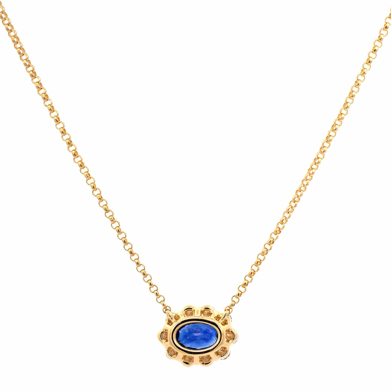 18K Yellow Gold Oval Sapphire and Diamond Halo Pendant Necklace - Image 2