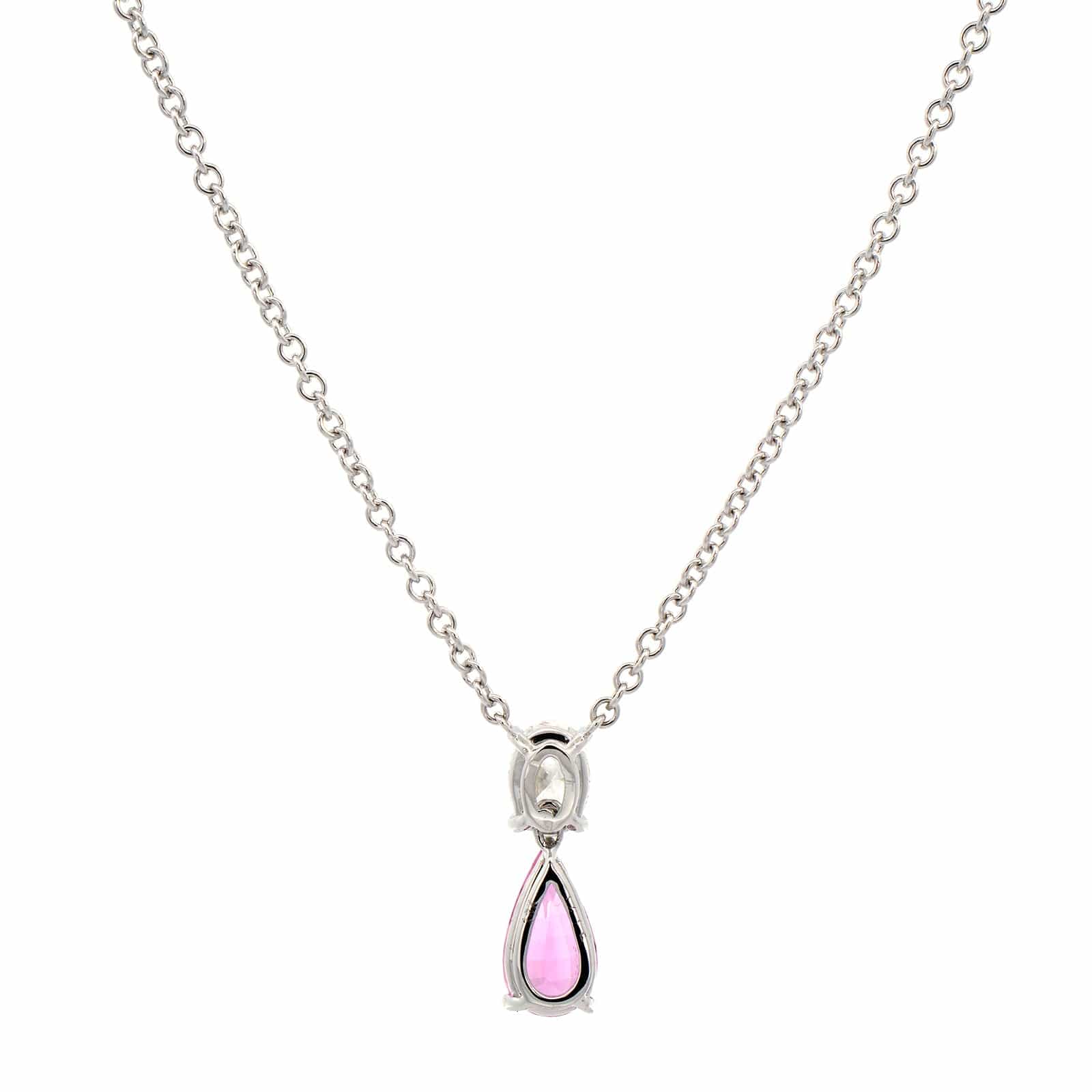 18K White Gold Oval Diamond and Pink Sapphire Pendant Necklace - Image 2