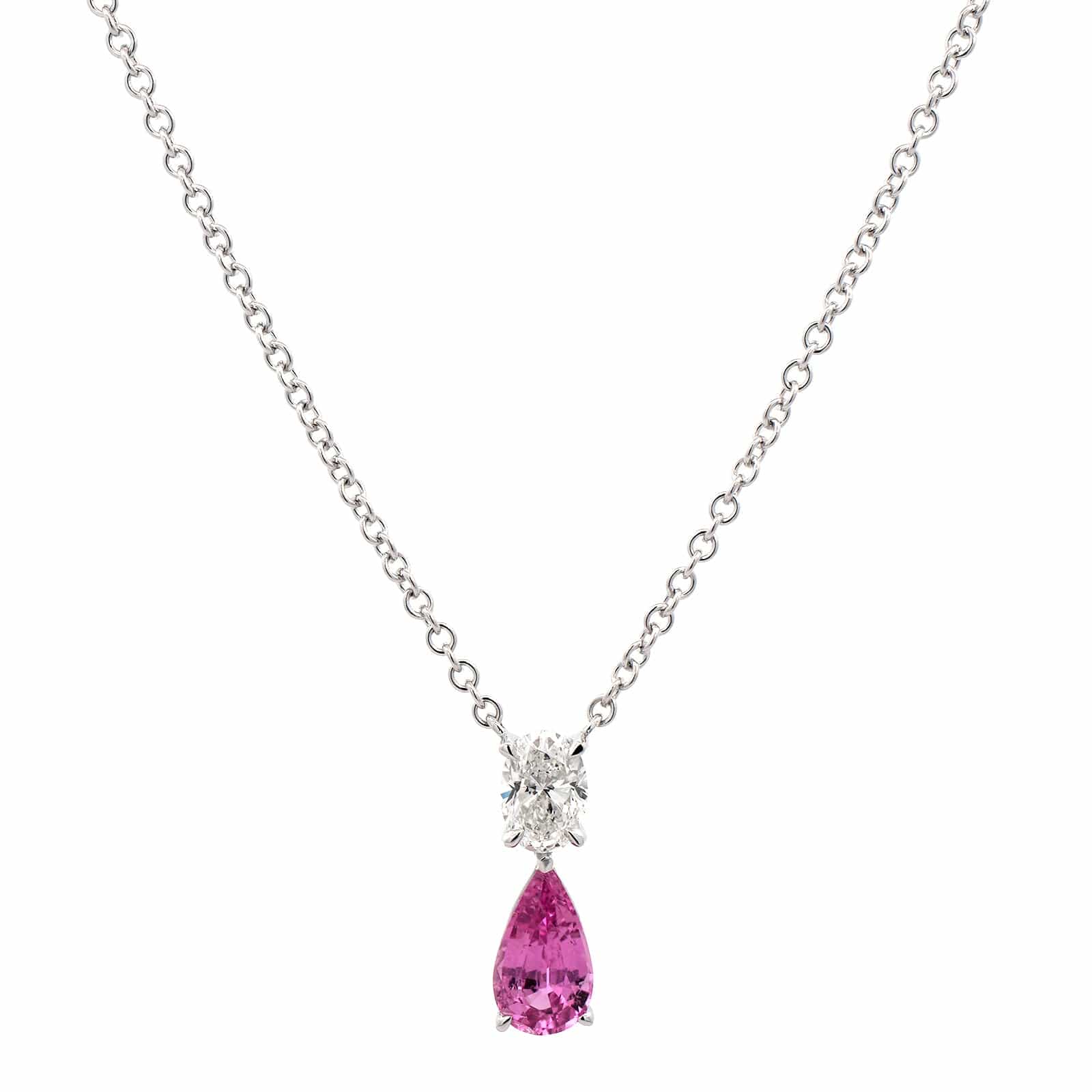18K White Gold Oval Diamond and Pink Sapphire Pendant Necklace - Image 5
