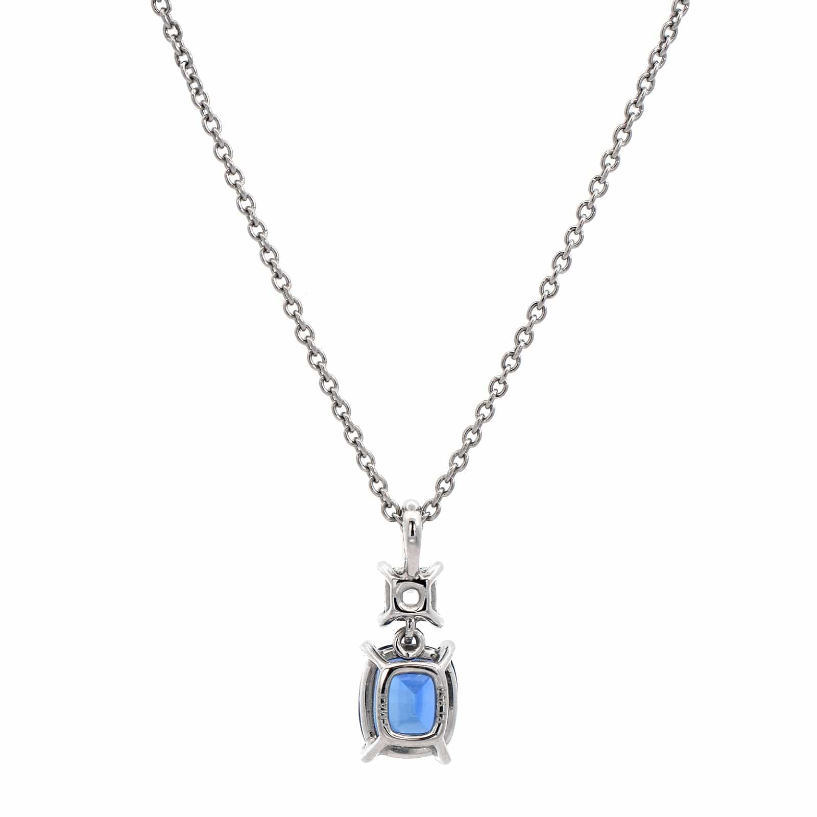 Platinum Diamond & Cushion Cut Sapphire Pendant Necklace - Image 2