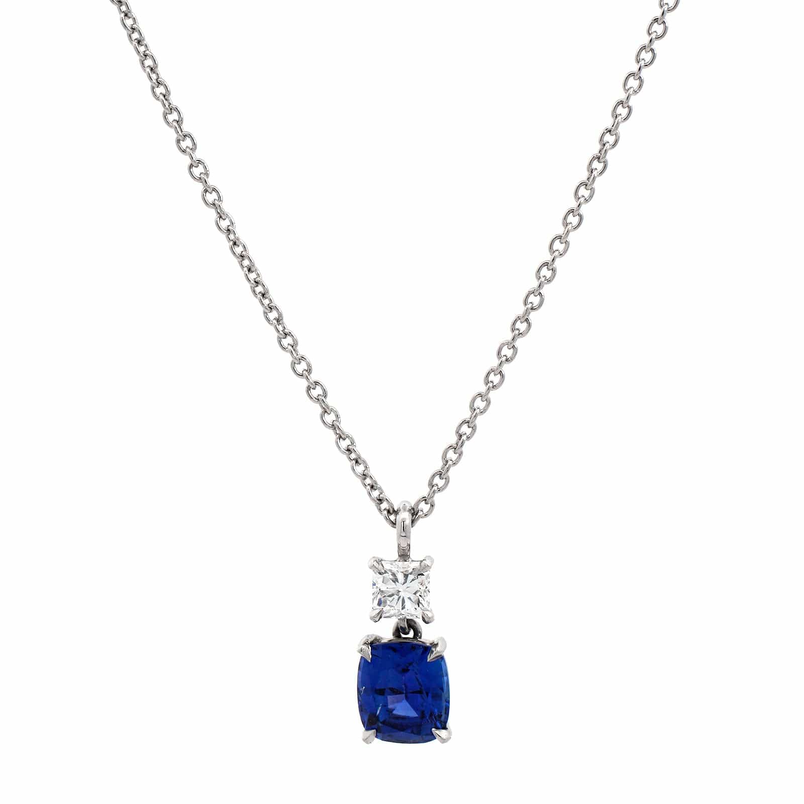 Platinum Diamond & Cushion Cut Sapphire Pendant Necklace