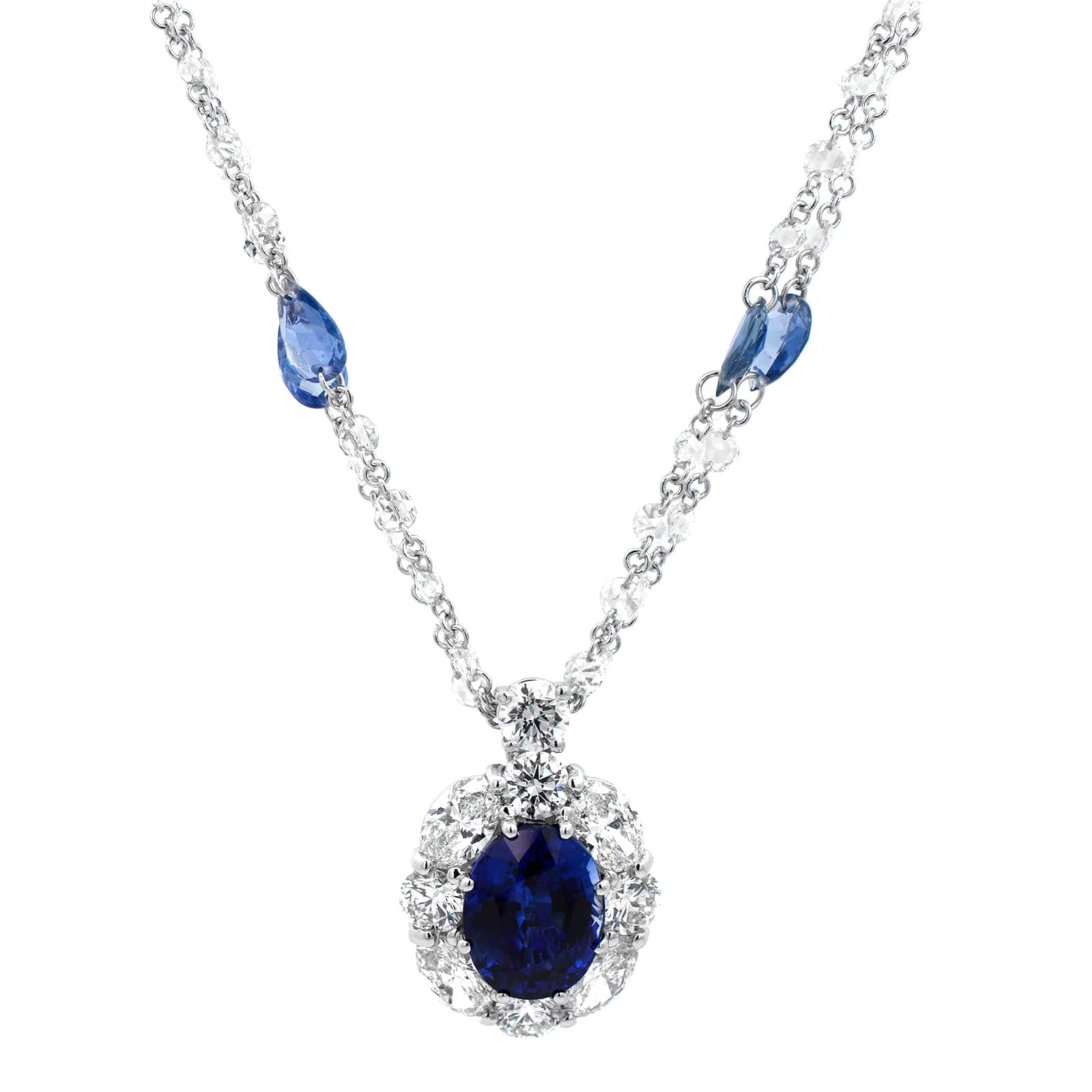 Platinum Oval Sapphire and Diamonds By The Yard Halo Necklace