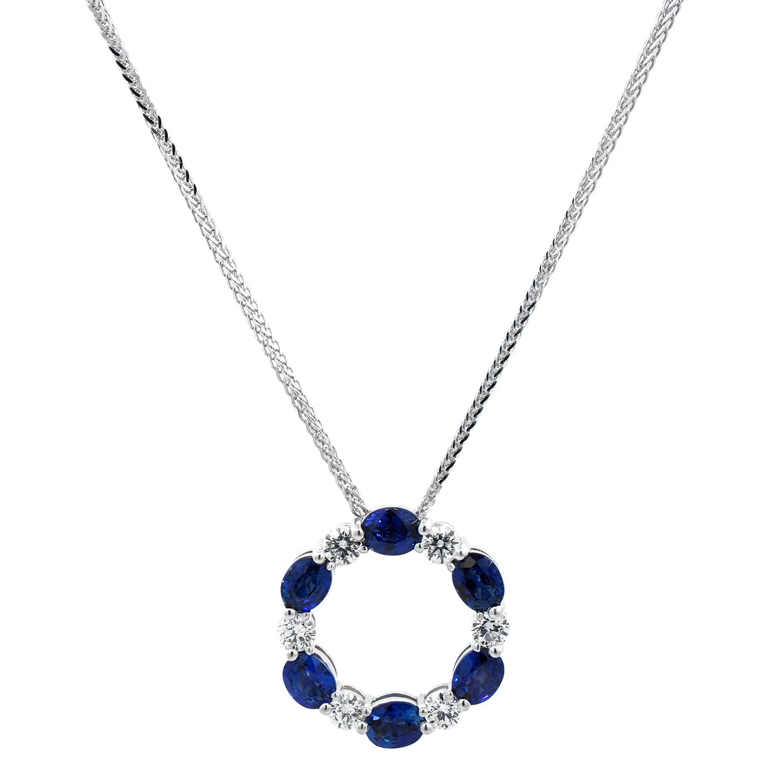 Platinum Oval Sapphire and Round Diamond Circle Pendant Necklace
