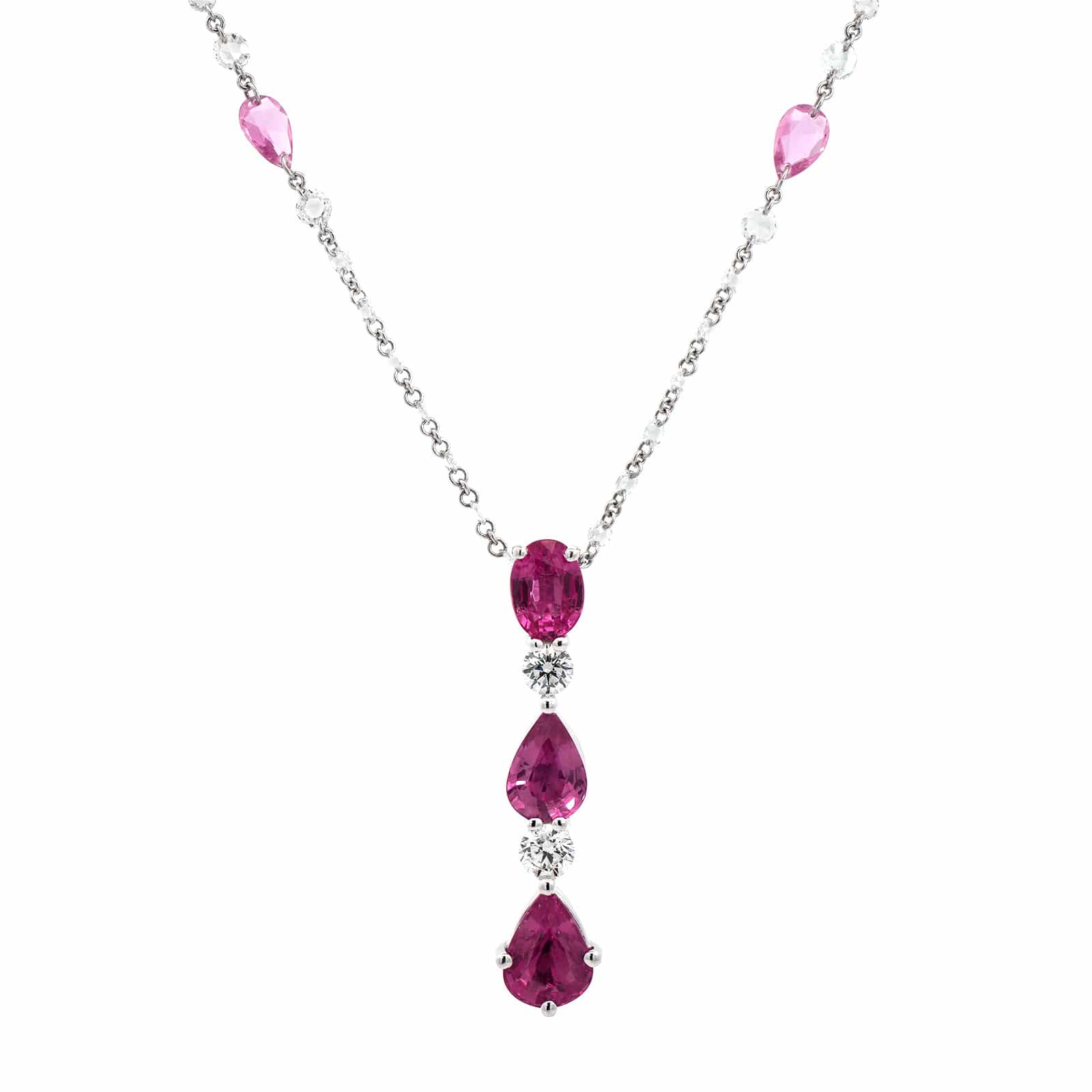 Platinum Pink Sapphire and Round Diamond Pendant Necklace - Image 5