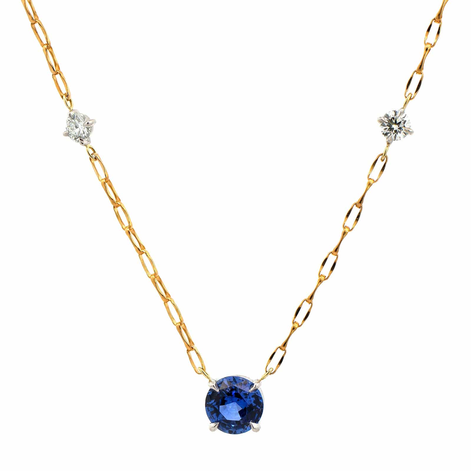 18K Yellow Gold Round Sapphire and Diamond Pendant Necklace