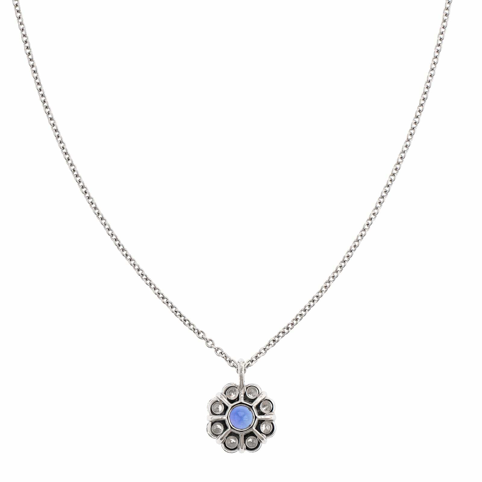 Platinum Round Sapphire and Diamond Pendant Necklace - Image 2