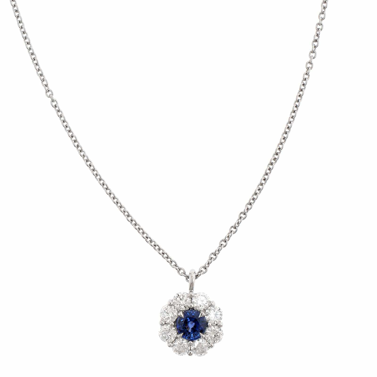 Platinum Round Sapphire and Diamond Pendant Necklace - Image 5