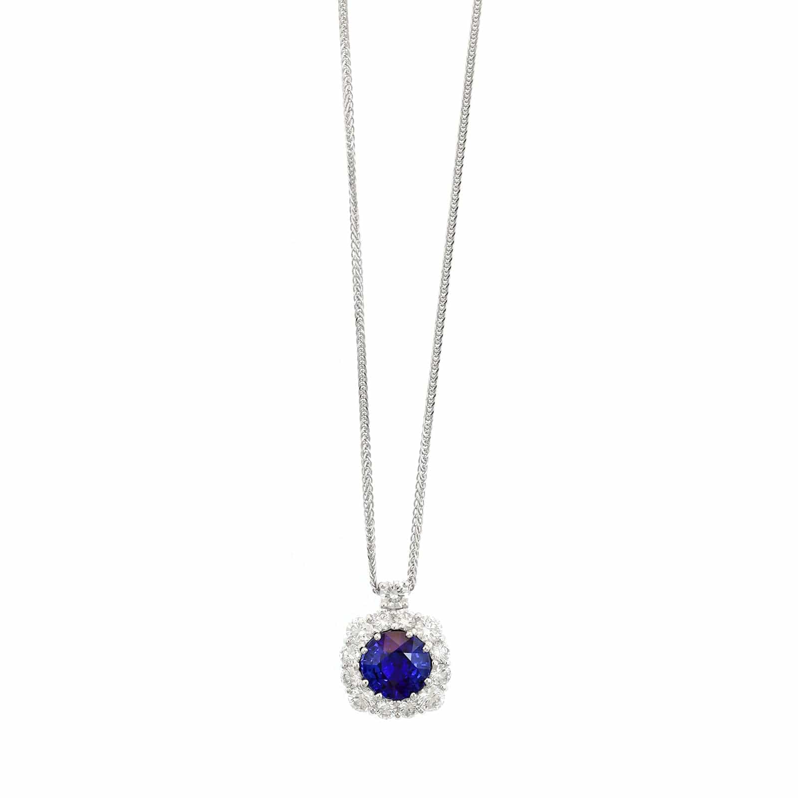 Platinum Round Sapphire Diamond Halo Necklace - Image 5