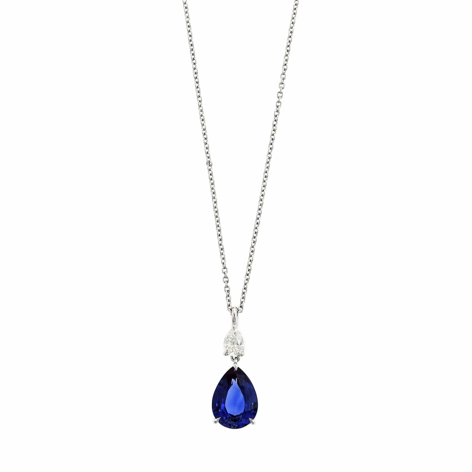 Platinum Pear Shaped Blue Sapphire and Diamond Pendant Necklace - Image 5