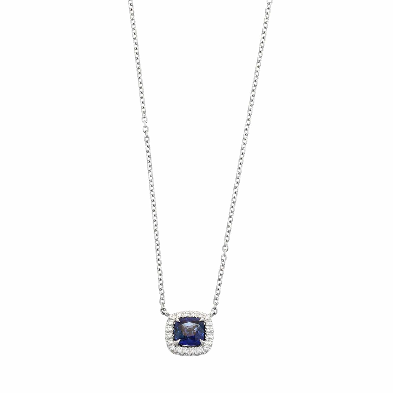 Platinum Cushion Cut Blue Sapphire and Diamond Halo Pendant Necklace